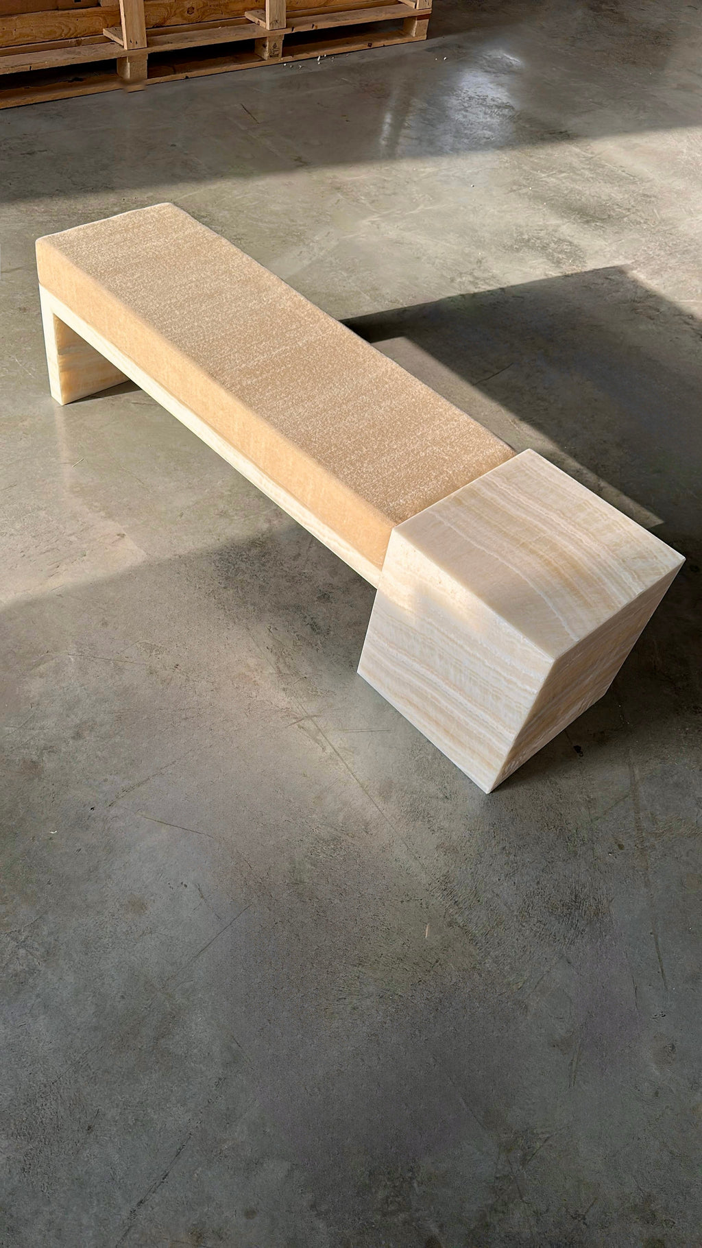 Meryl bench ivory onyx marble construction detail showcasing Italian stone craftsmanship