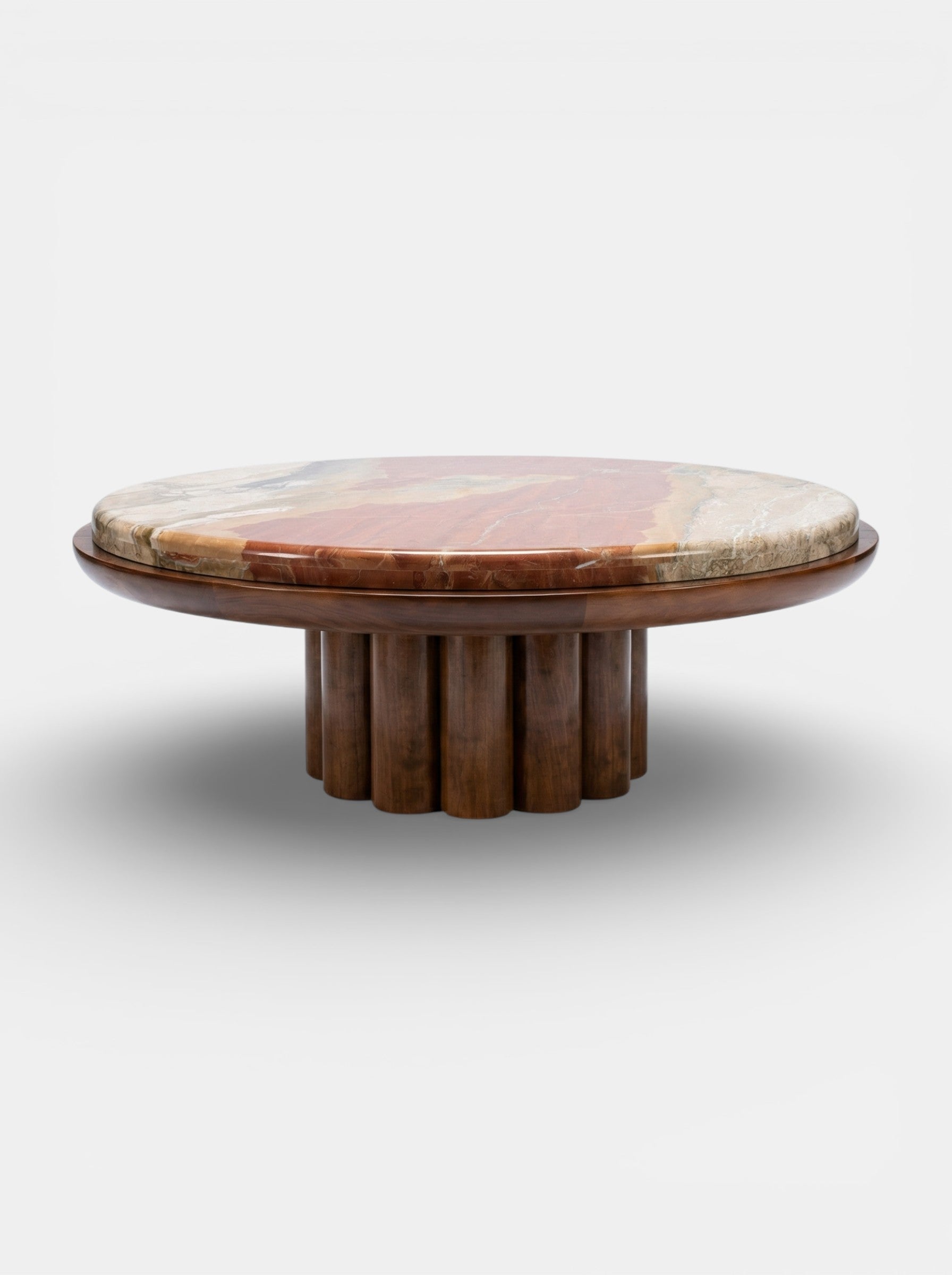 Handcrafted wood coffee table with Breccia Fantastica marble back view - premium Italian design