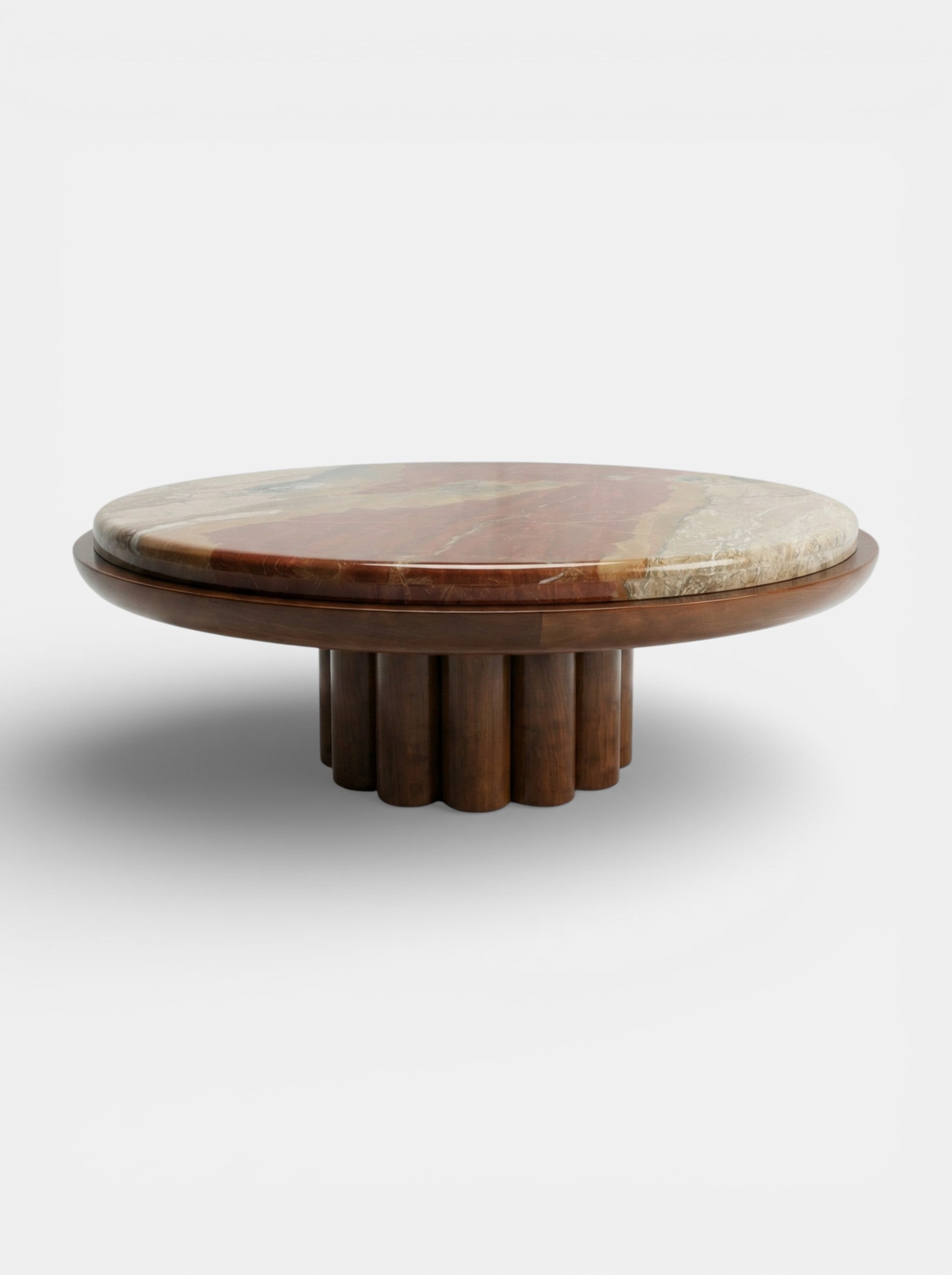 Modern wood and Breccia Fantastica marble coffee table front view - luxury Italian furniture