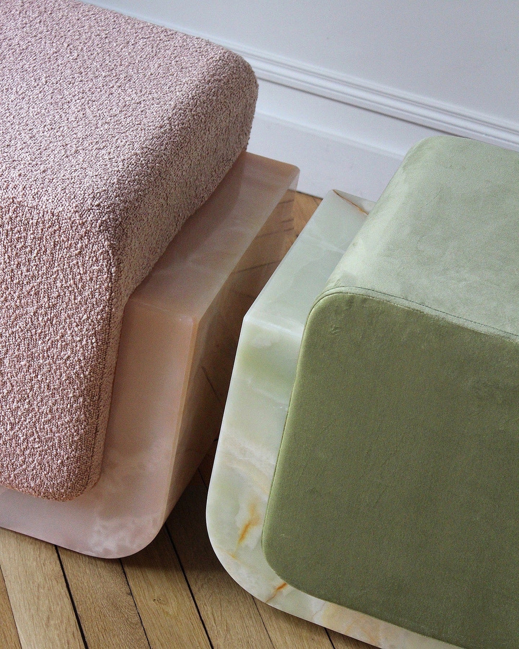 Designer pink onyx Oggi stool velvet upholstery - premium Italian marble furniture close-up