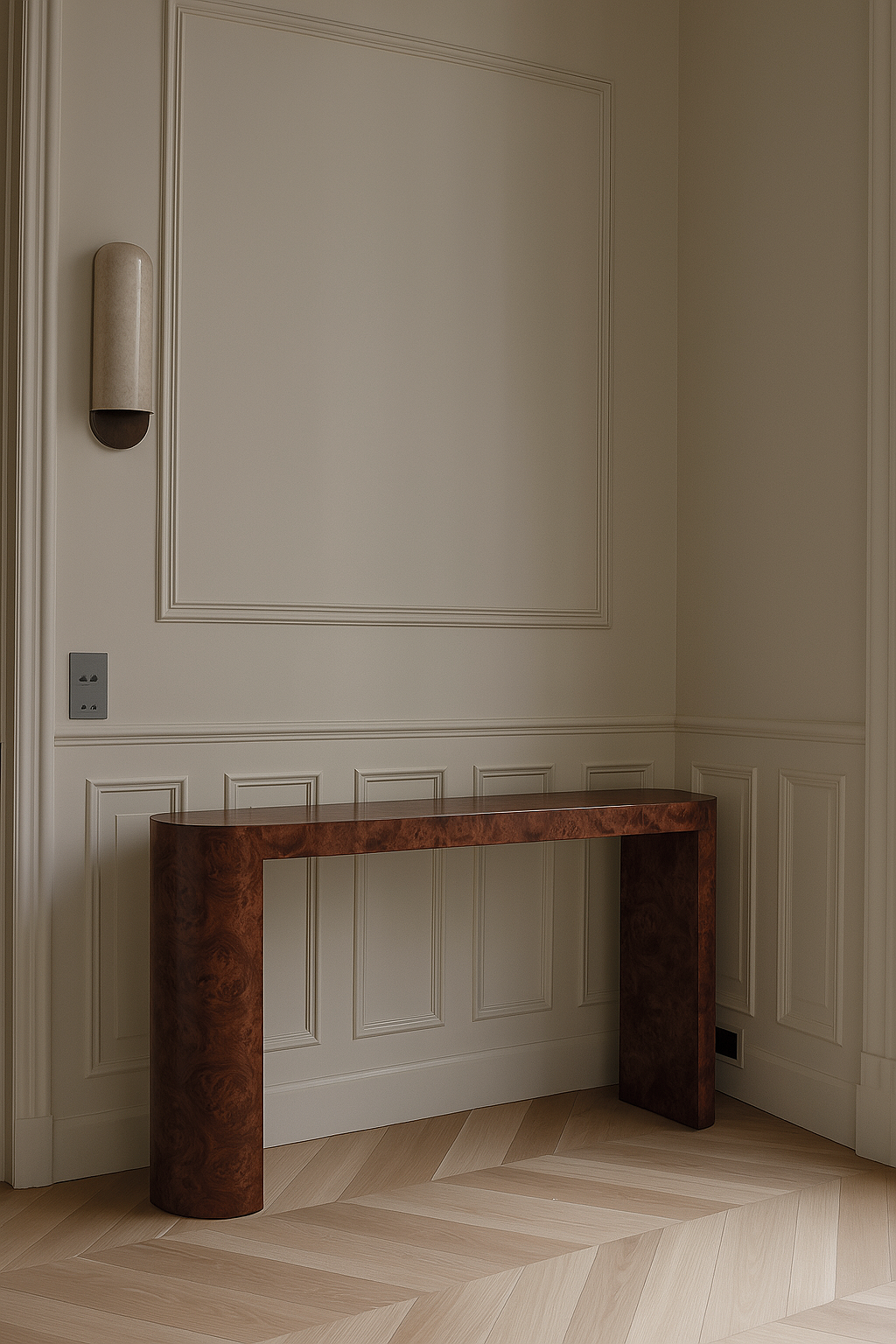 Luna burl wood console premium angle - sophisticated natural wood Italian luxury furniture design
