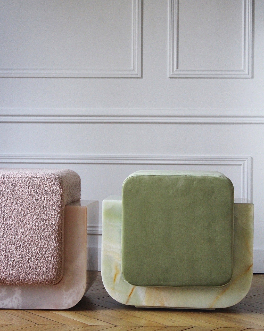 Elegant velvet Oggi pink onyx stool - luxury Italian marble seating detail studio perspective