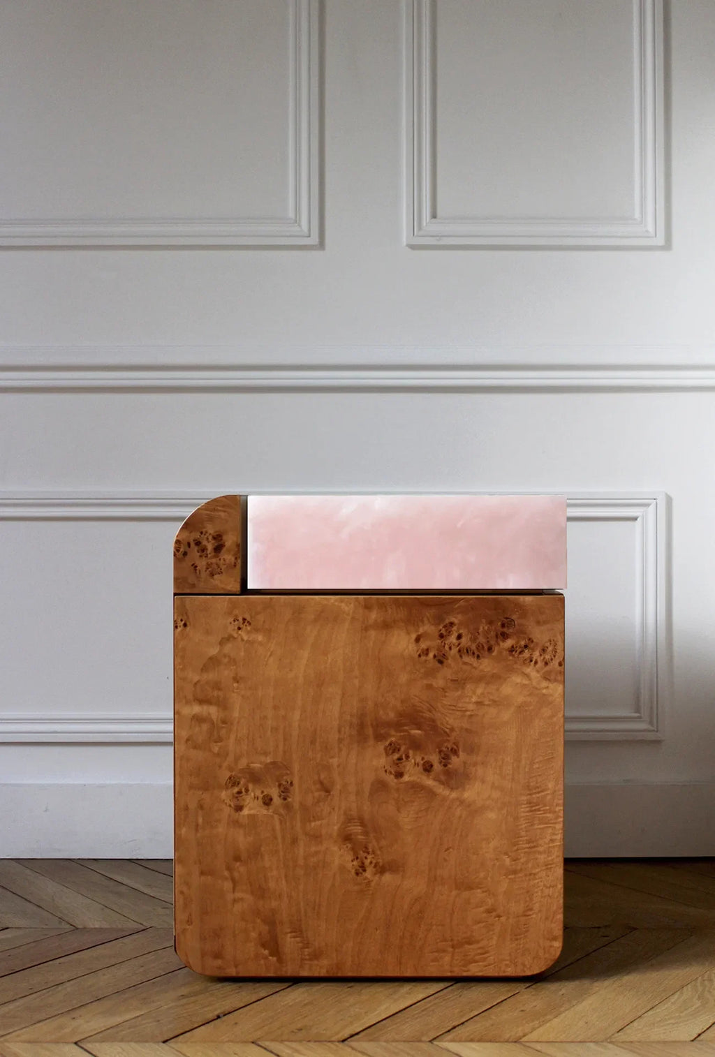 Burl wood storage table featuring rose onyx marble base - luxury Italian handcrafted furniture piece