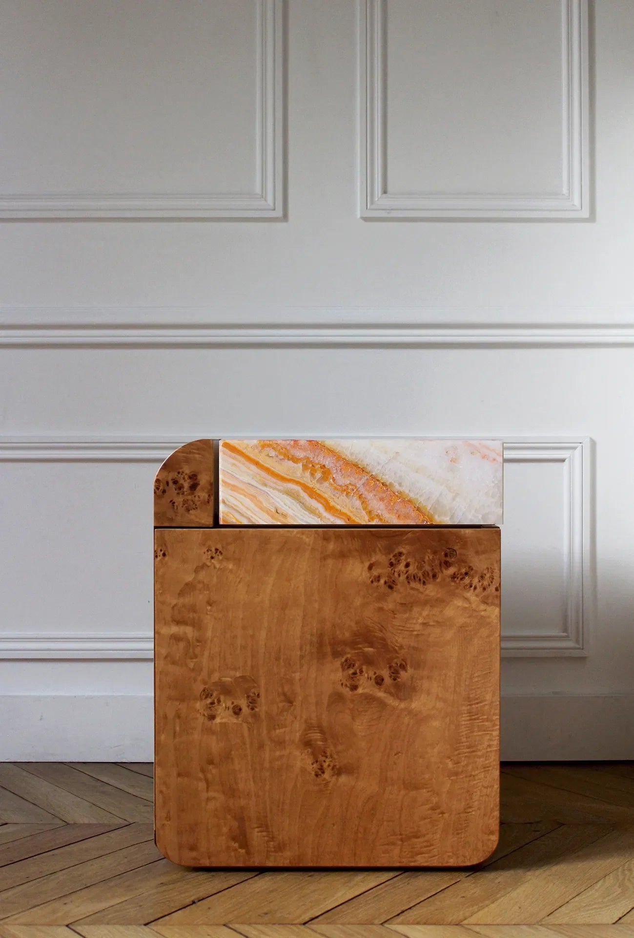Amo burl wood table with rainbow onyx marble - contemporary Italian luxury furniture collection