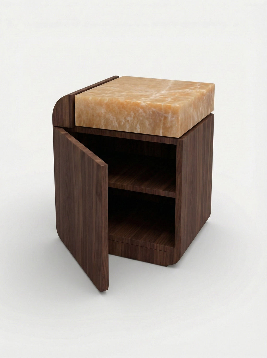 MARBERA Amo walnut honey onyx storage table front view, Italian handcrafted luxury modern furniture