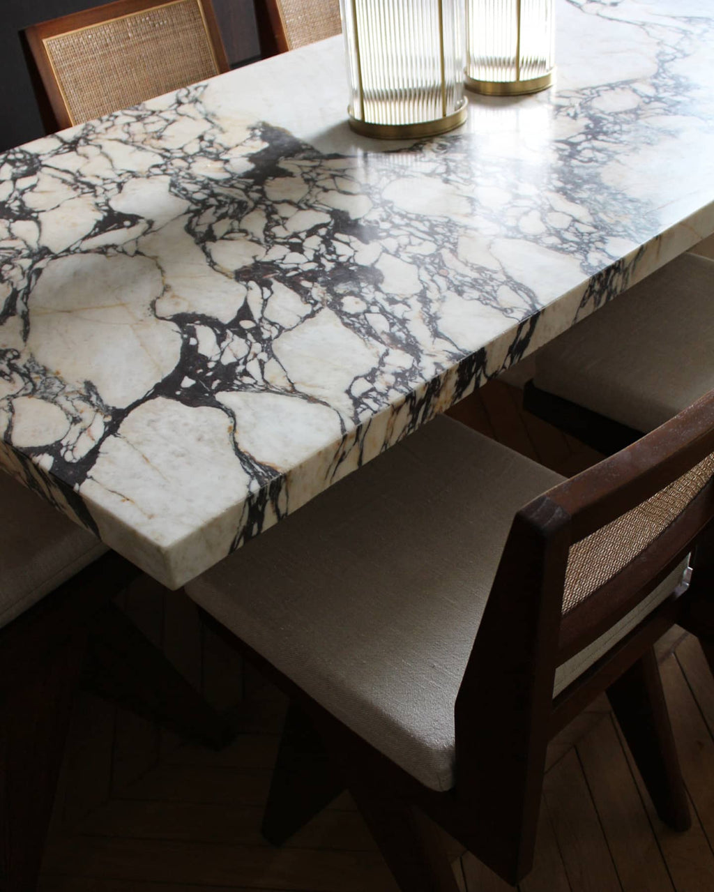 Luxury Aura Calacatta Viola marble dining table - handcrafted Italian furniture with natural veining