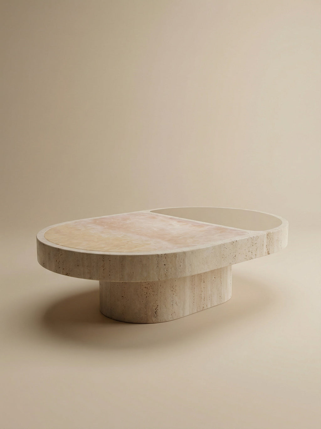 Three-quarter left view of sunset onyx coffee table showing marble and travertine combination