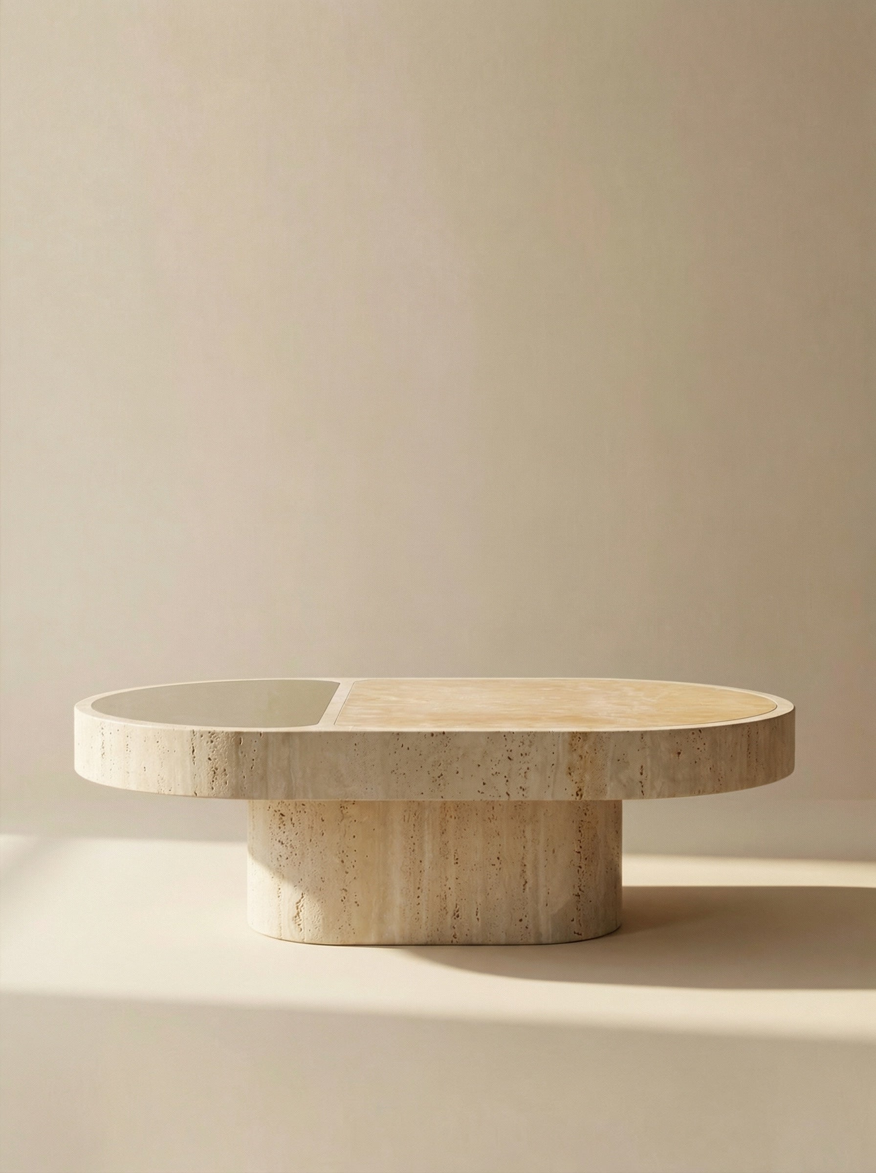 Back view of sunset onyx Cohesion coffee table highlighting travertine base structure - MARBERA design