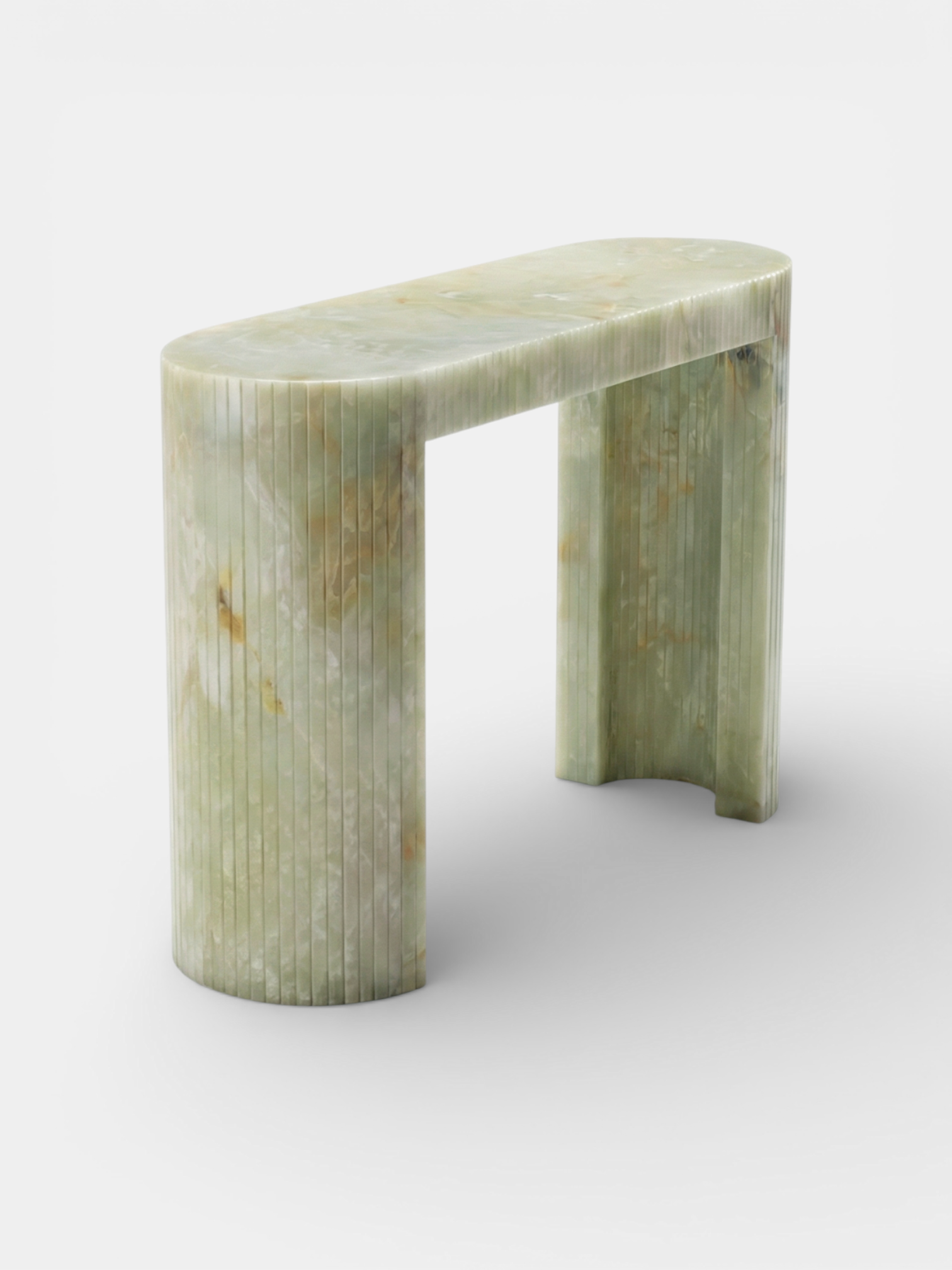 Luna Green Onyx console three-quarter left view showing natural green onyx stone translucency