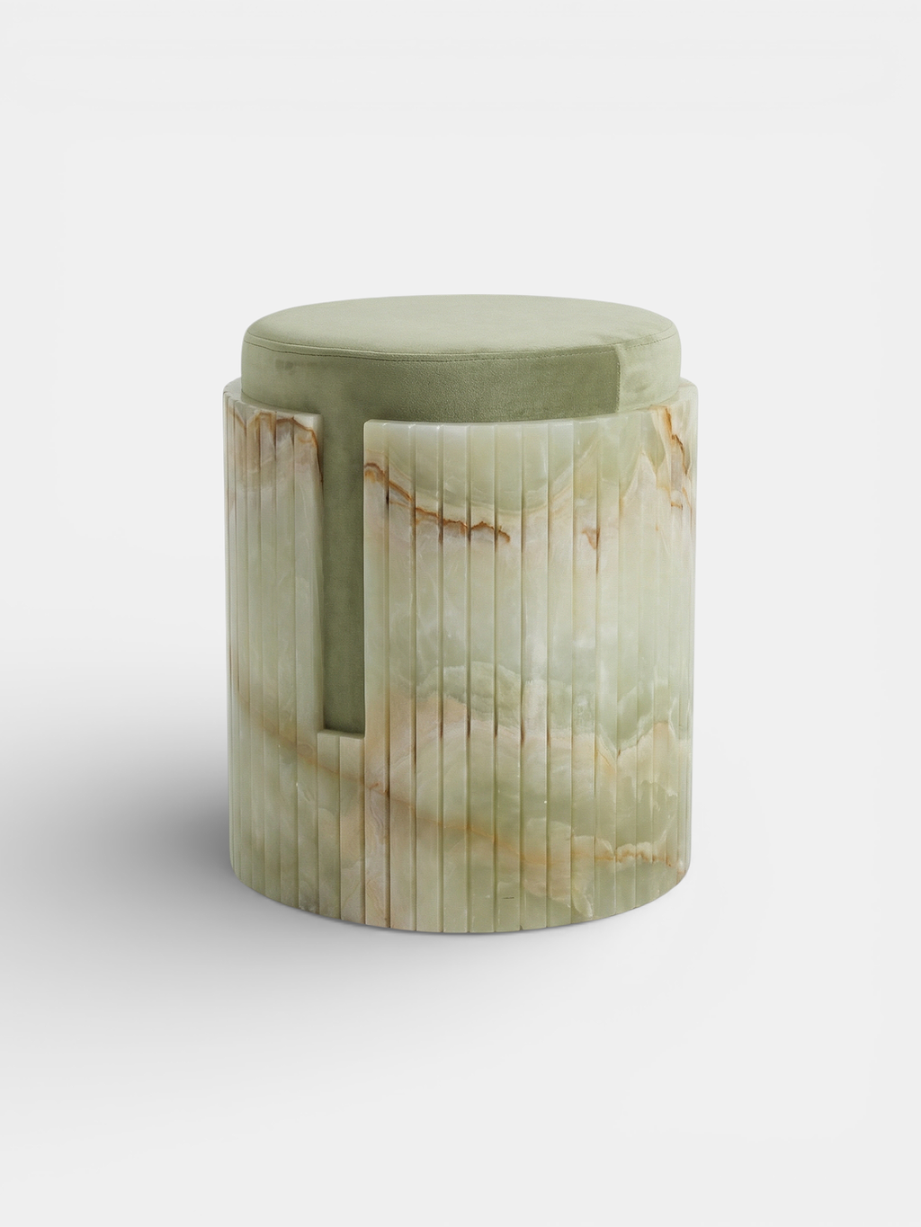 Green onyx Dolce stool three-quarter left view - luxury Italian marble stool with smooth finish