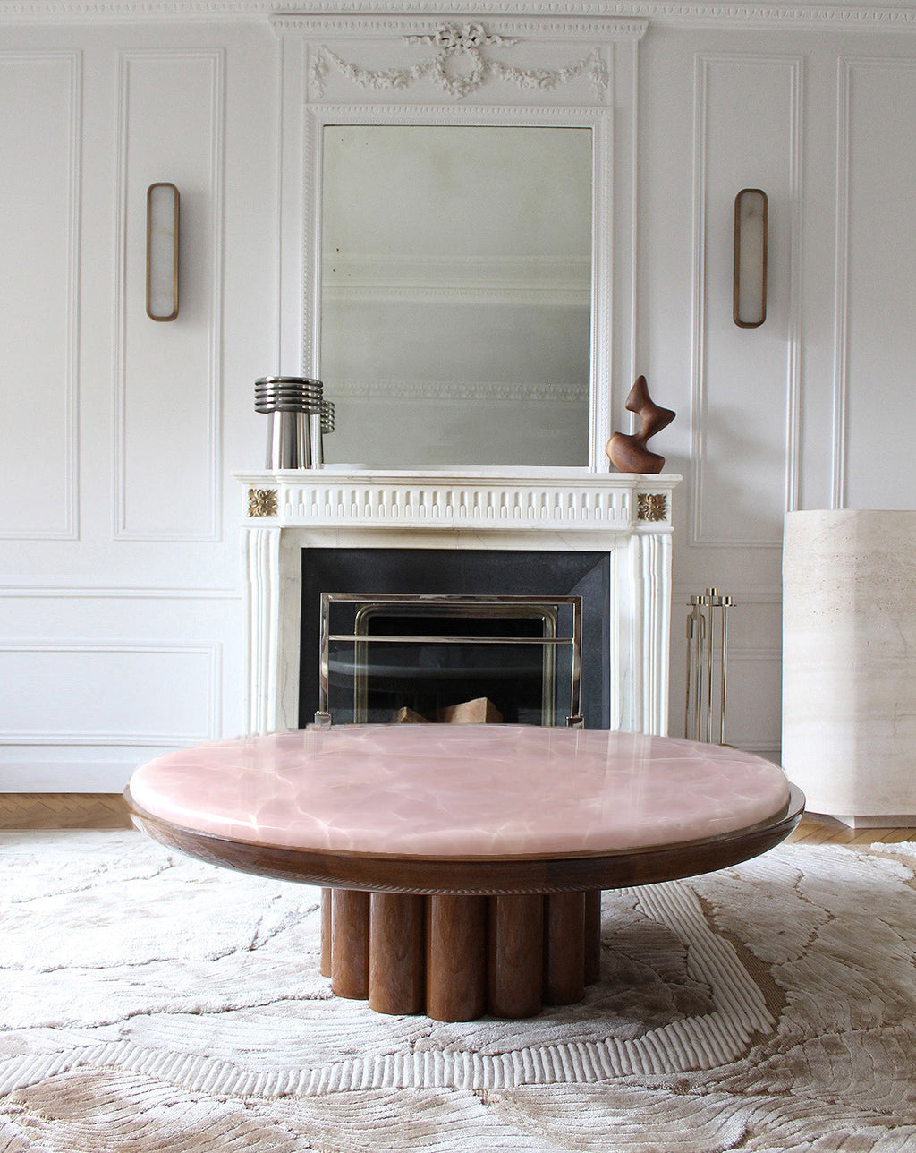 Handcrafted wood coffee table with rare pink onyx marble - premium Italian luxury furniture piece
