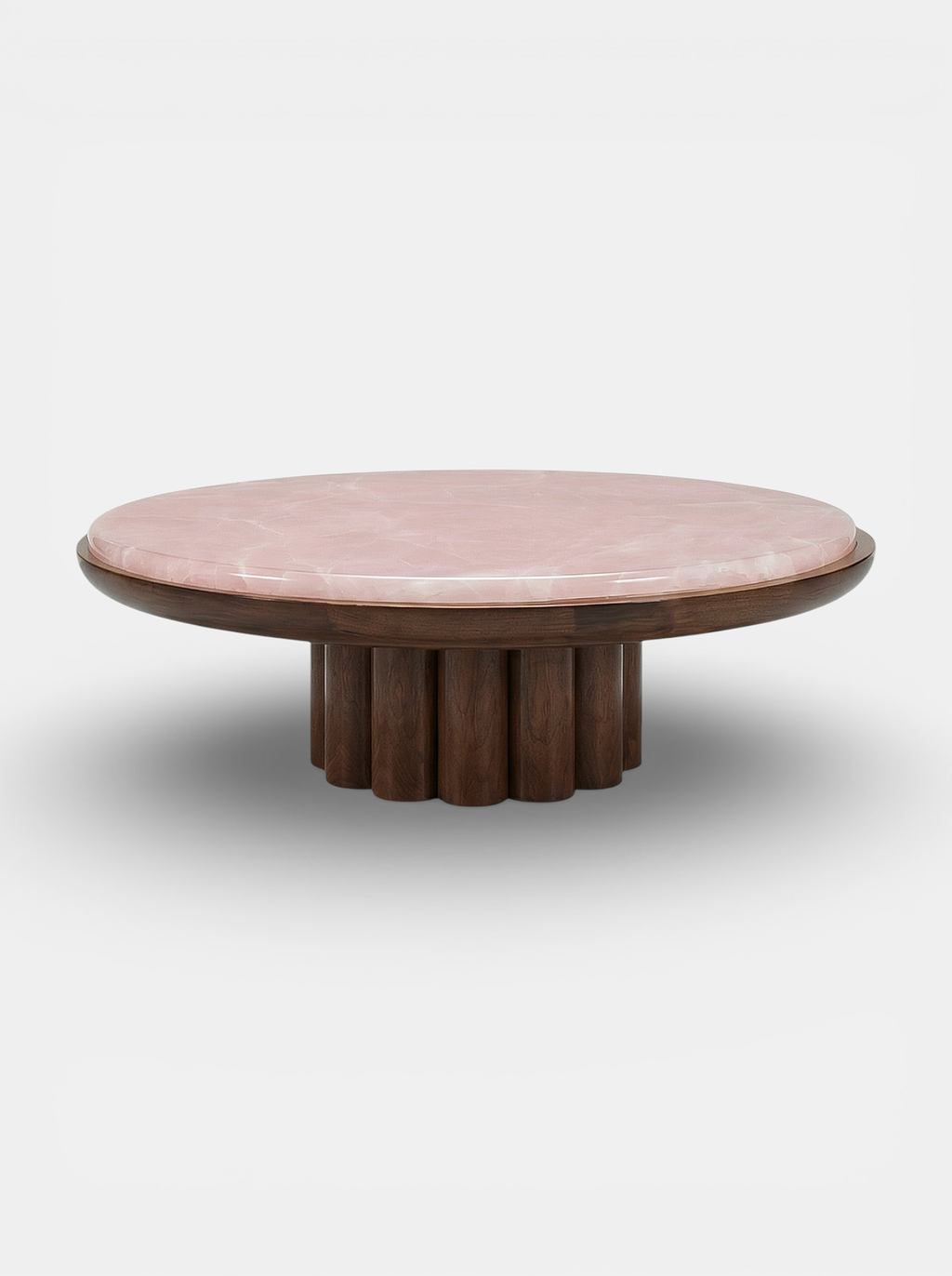 Stunning wood and pink onyx coffee table left angle view - MARBERA luxury Italian marble design