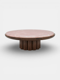 Stunning wood and pink onyx coffee table left angle view - MARBERA luxury Italian marble design