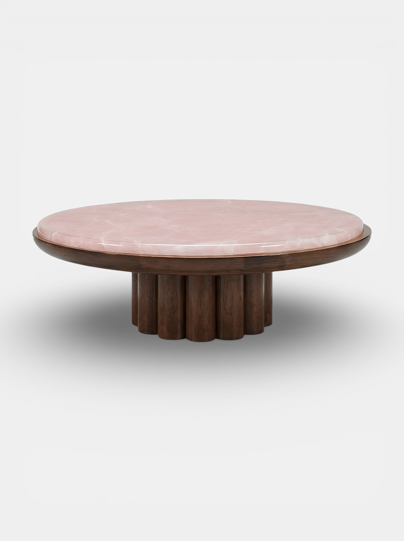 Stunning wood and pink onyx coffee table left angle view - MARBERA luxury Italian marble design