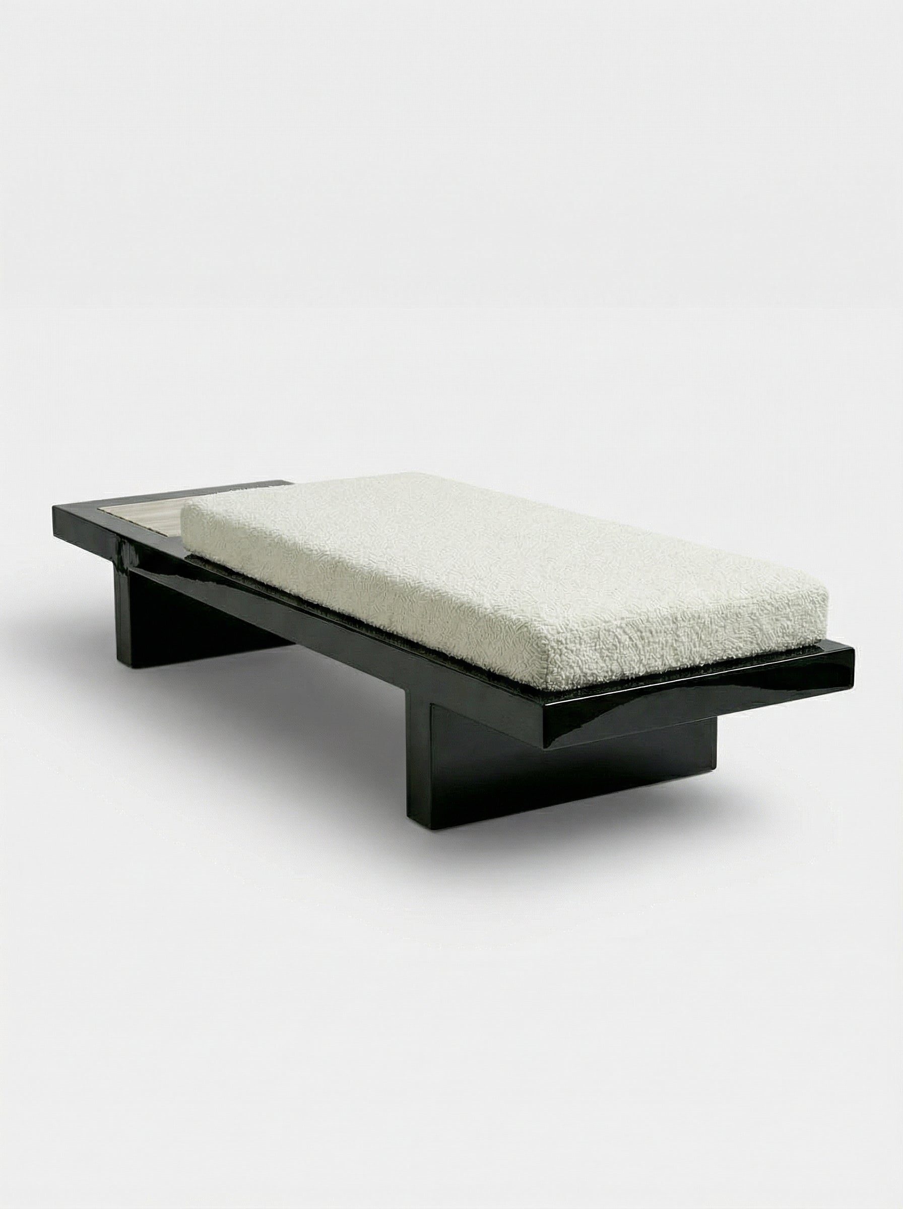 Artistic rendering of Sybille black ivory onyx bench highlighting marble texture and modern design