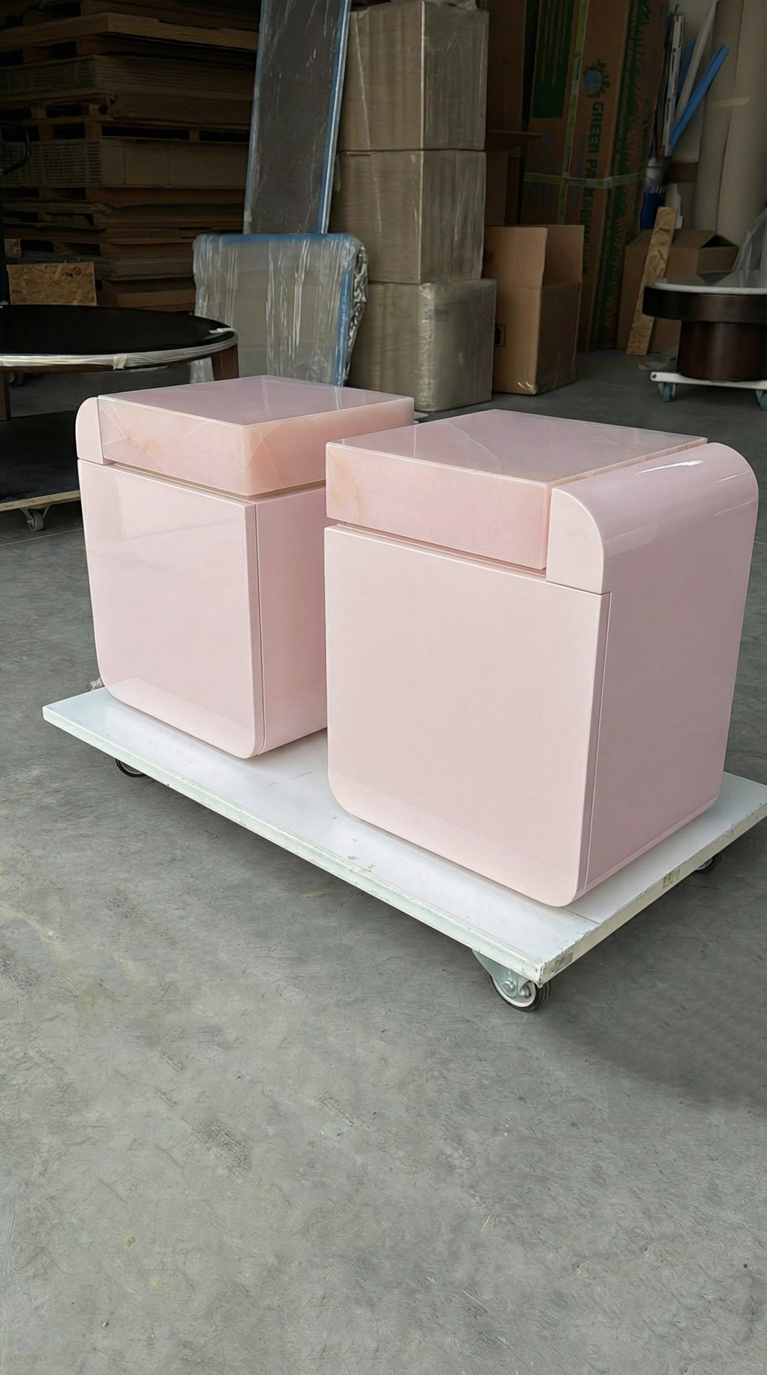 MARBERA Amo pink onyx marble storage table lifestyle setting, Italian luxury modern furniture piece