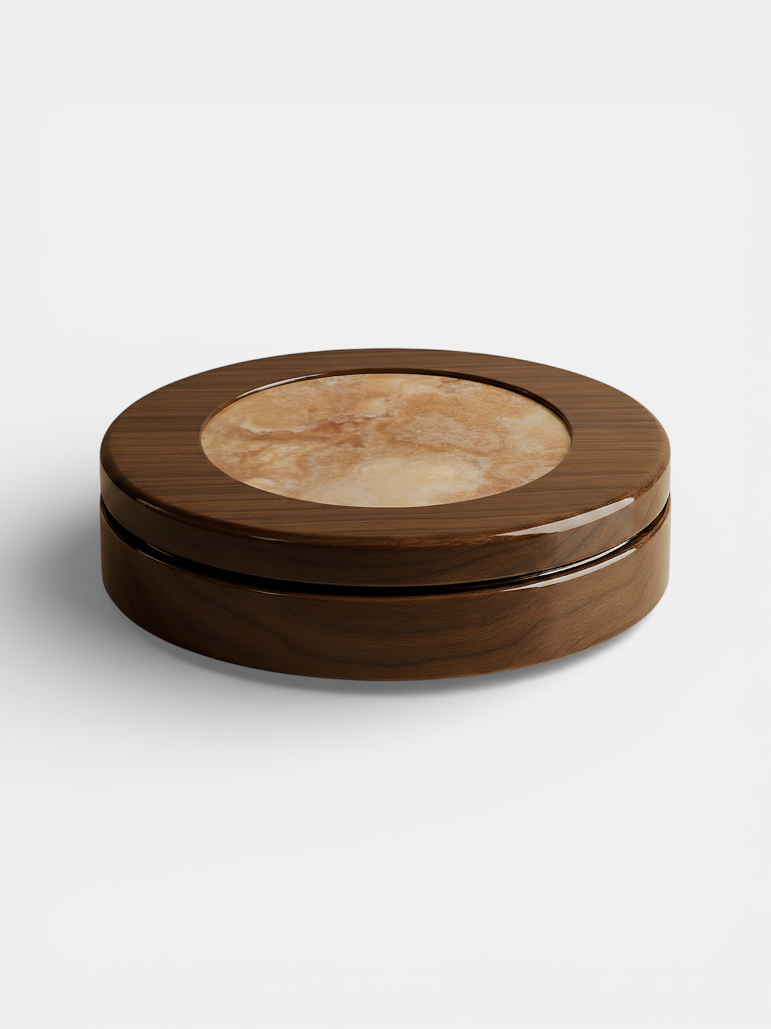 Detail view of warm honey-colored onyx marble with natural wood - handcrafted table