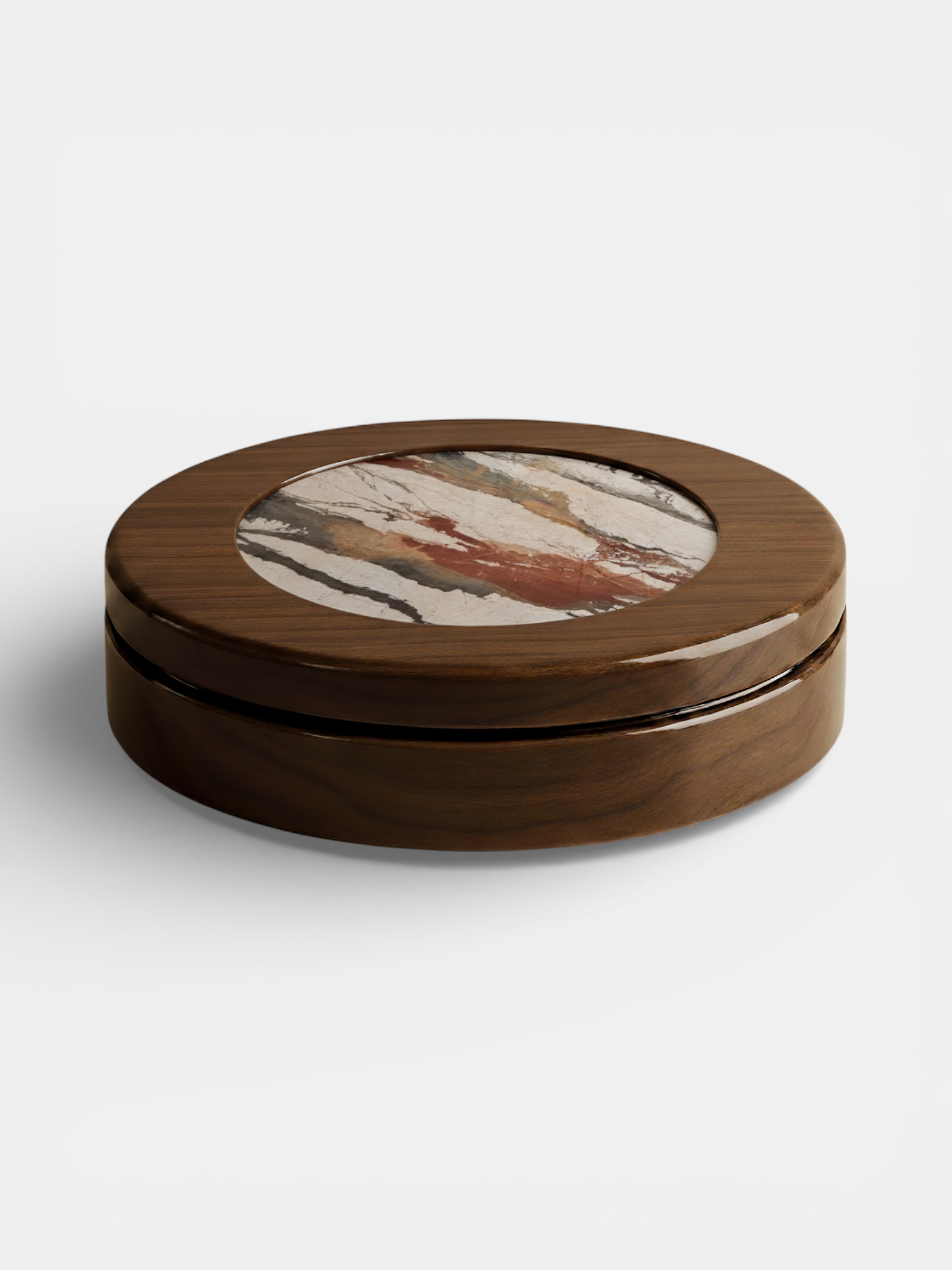 Detail of natural wood and colorful Breccia Fantastique marble table - MARBERA craftsmanship