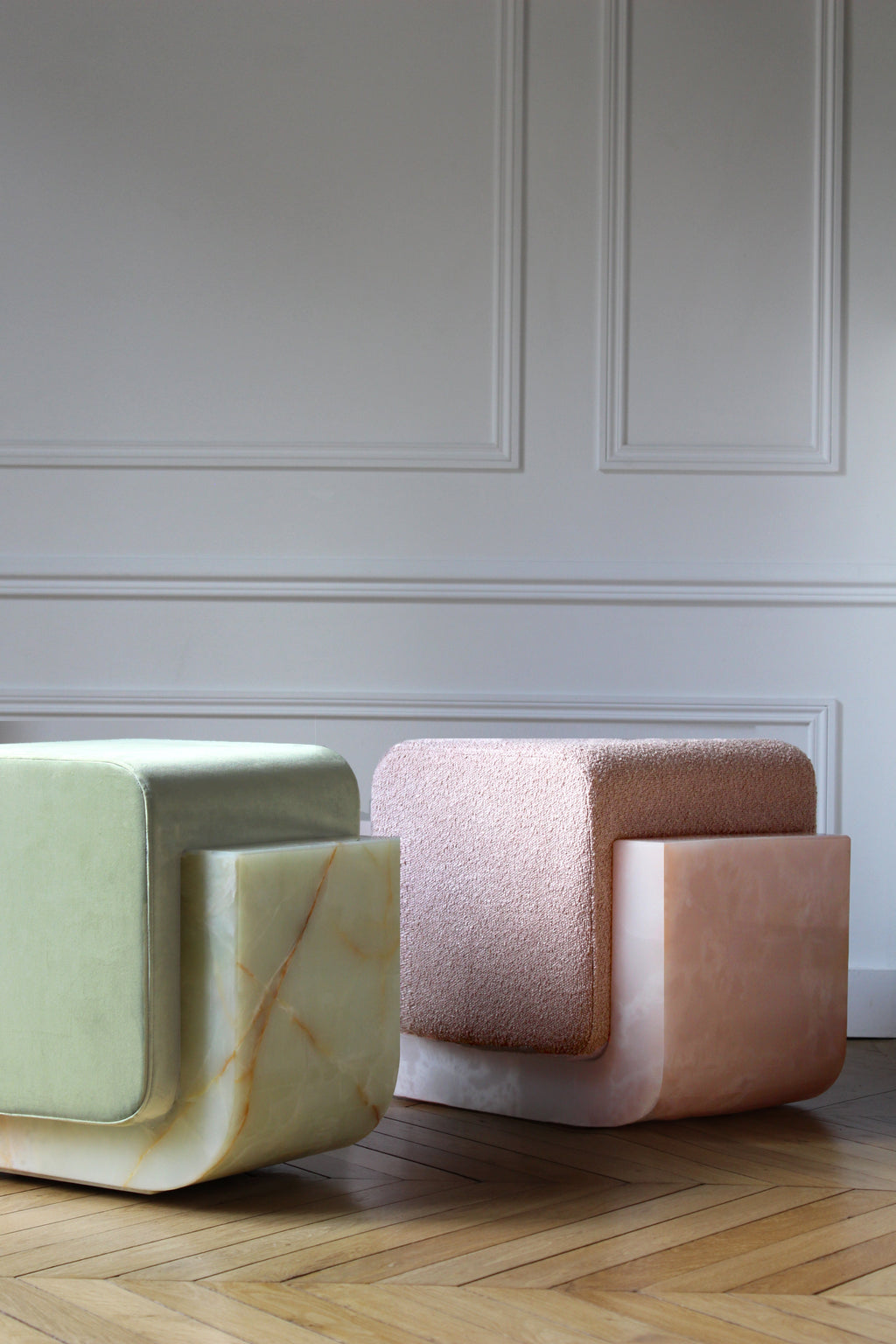 Premium Oggi stool pink onyx marble velvet - handcrafted Italian furniture lifestyle setting