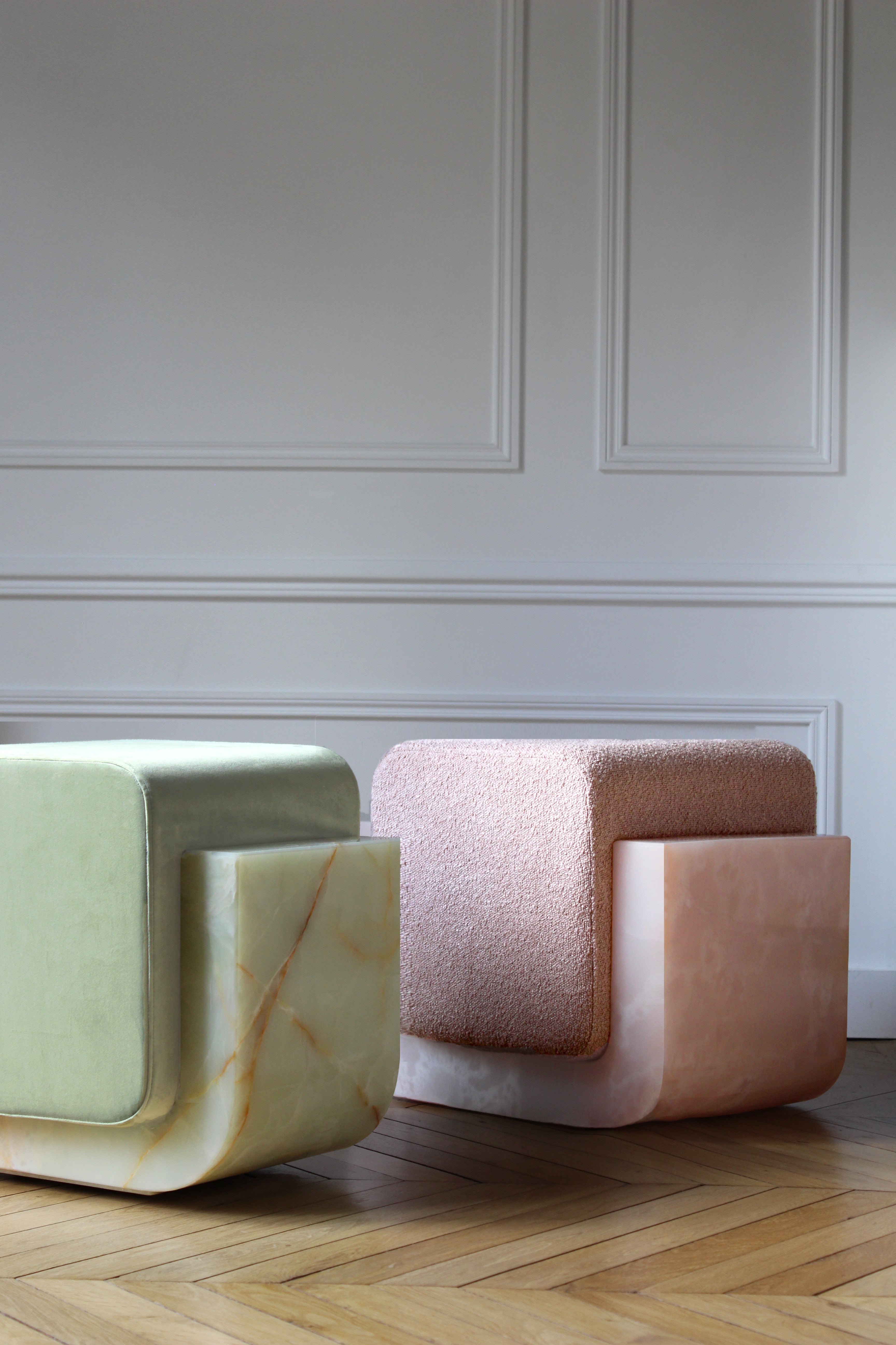 Premium Oggi stool pink onyx marble velvet - handcrafted Italian furniture lifestyle setting
