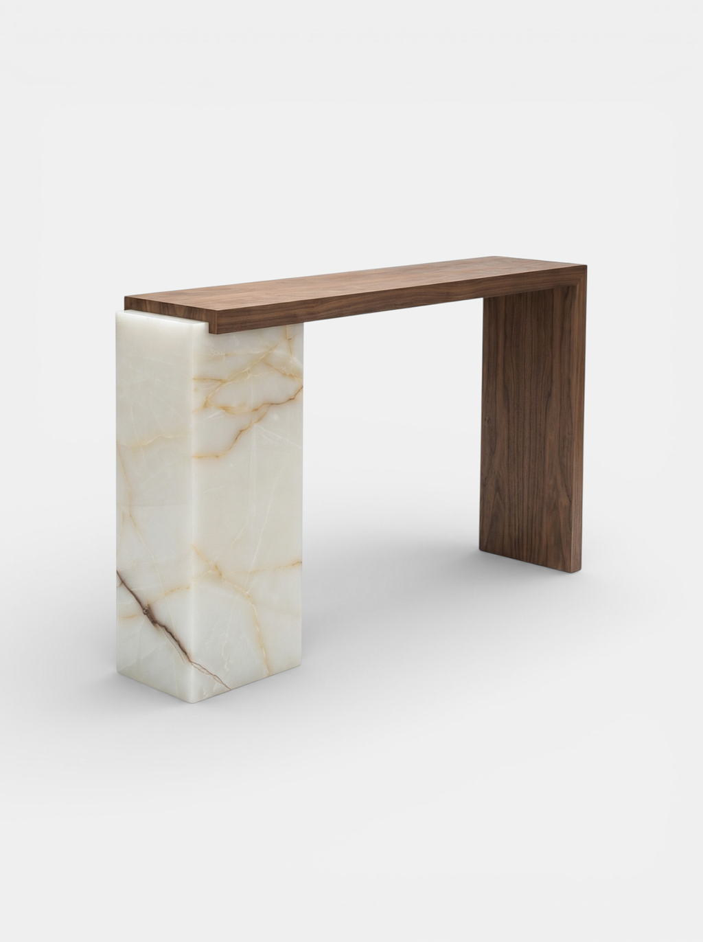 Technical view Jill console wood and Shell Onyx marble highlighting Italian craftsmanship and design unity