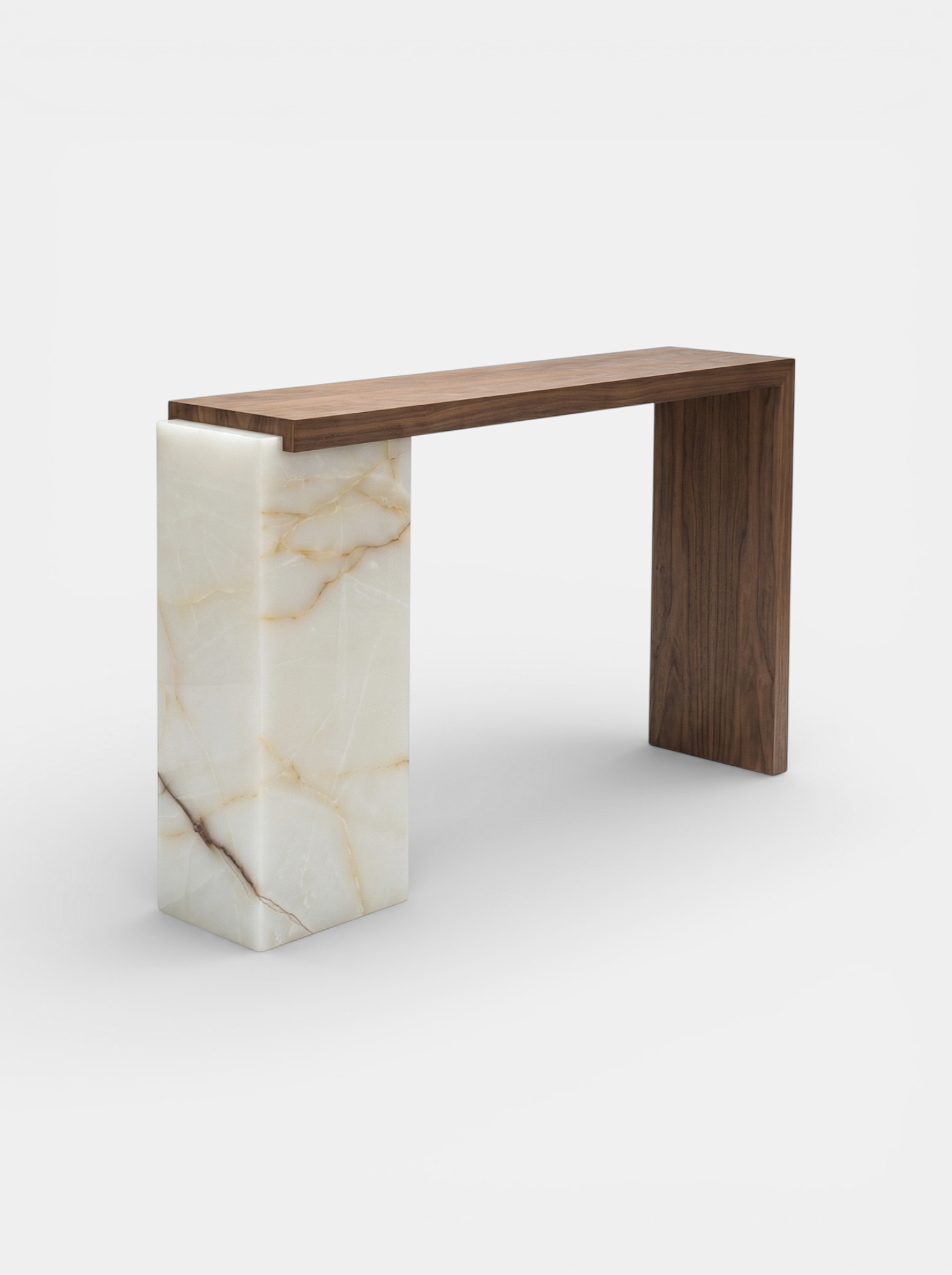 Technical view Jill console wood and Shell Onyx marble highlighting Italian craftsmanship and design unity