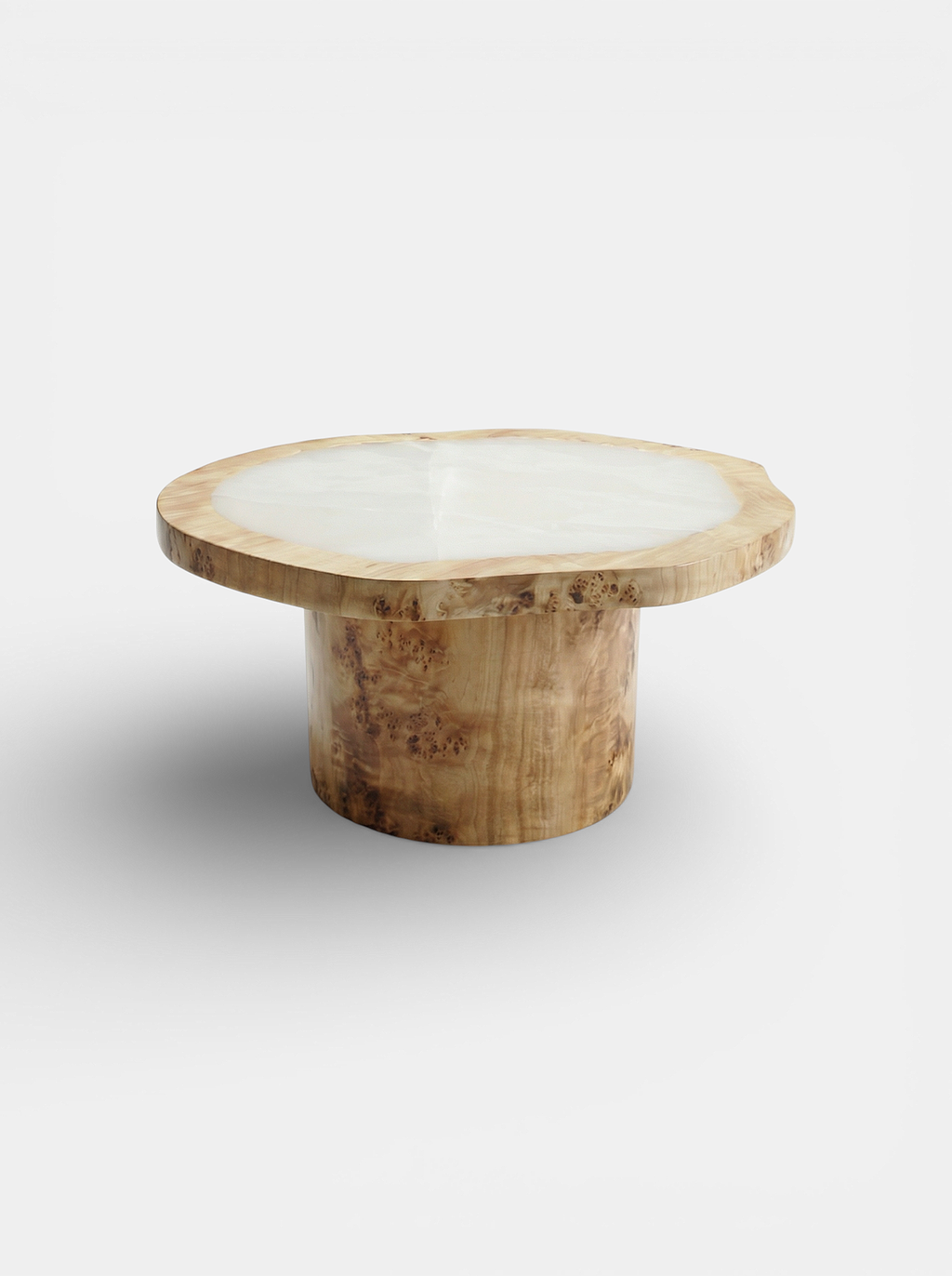 MARBERA Joan Solo burl wood white onyx coffee table - Italian luxury mixed material furniture view