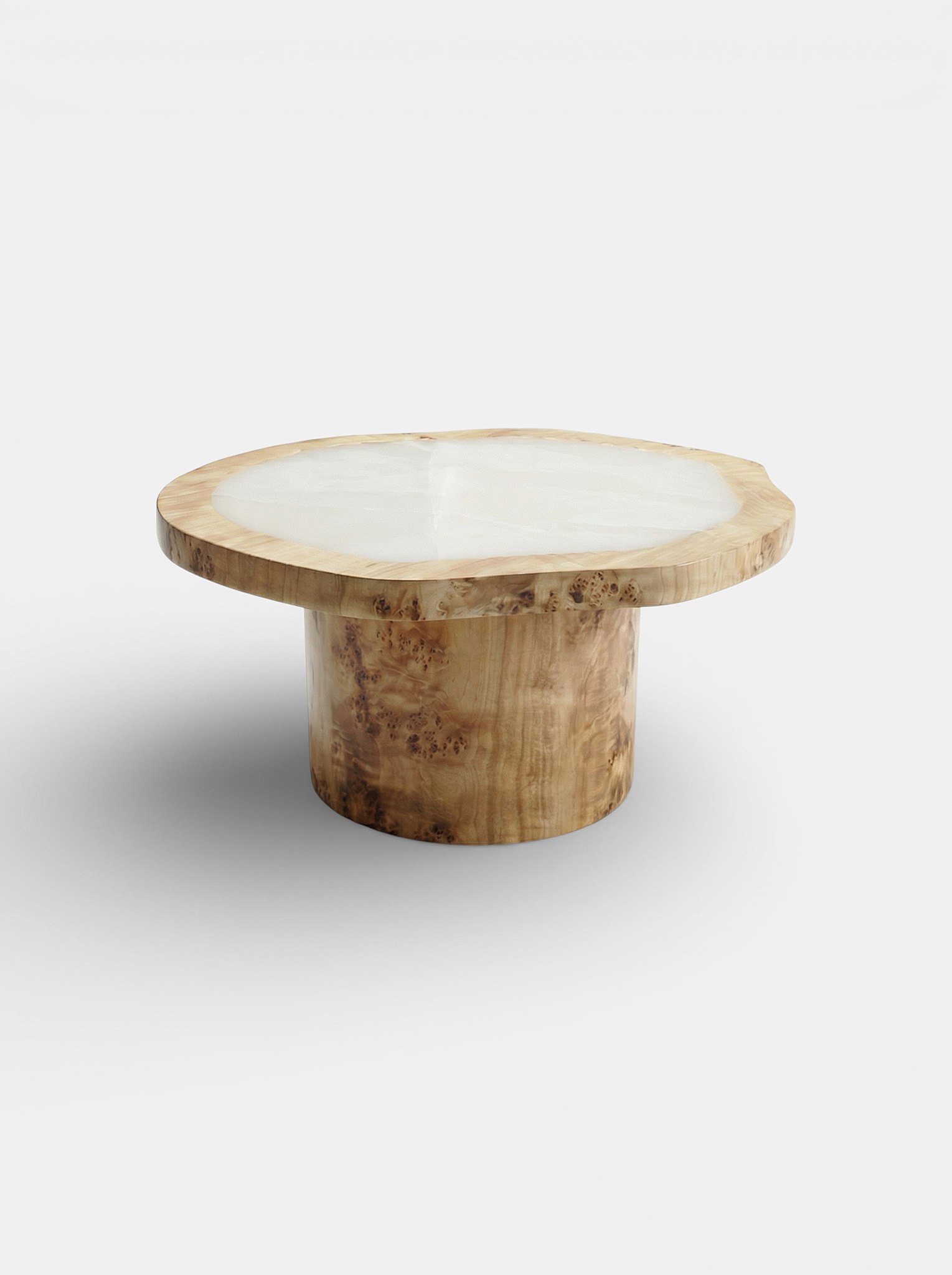 MARBERA Joan Solo burl wood white onyx coffee table - Italian luxury mixed material furniture view