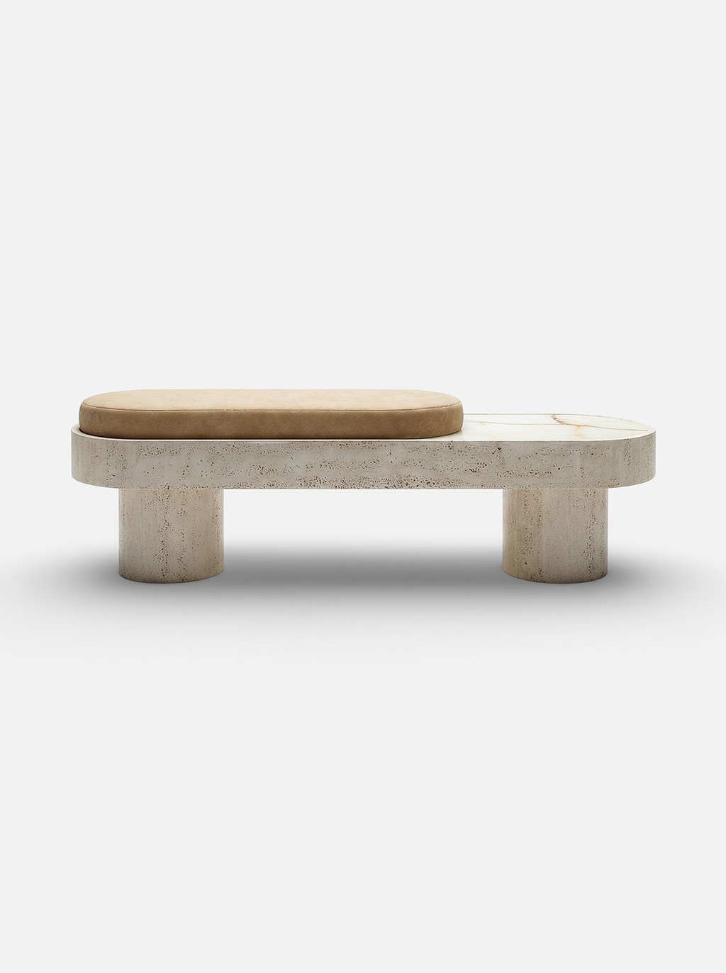 Back view of Noto mohair bench with travertine onyx base, Italian luxury marble furniture design