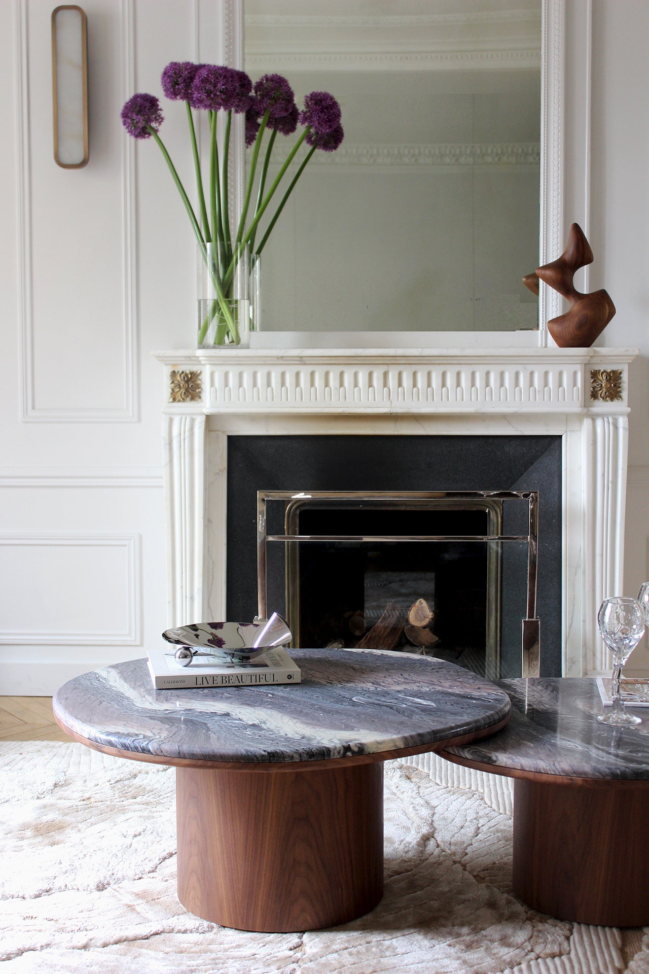 Cipolino marble Alexis table with wood base - handcrafted Italian design three quarter angle