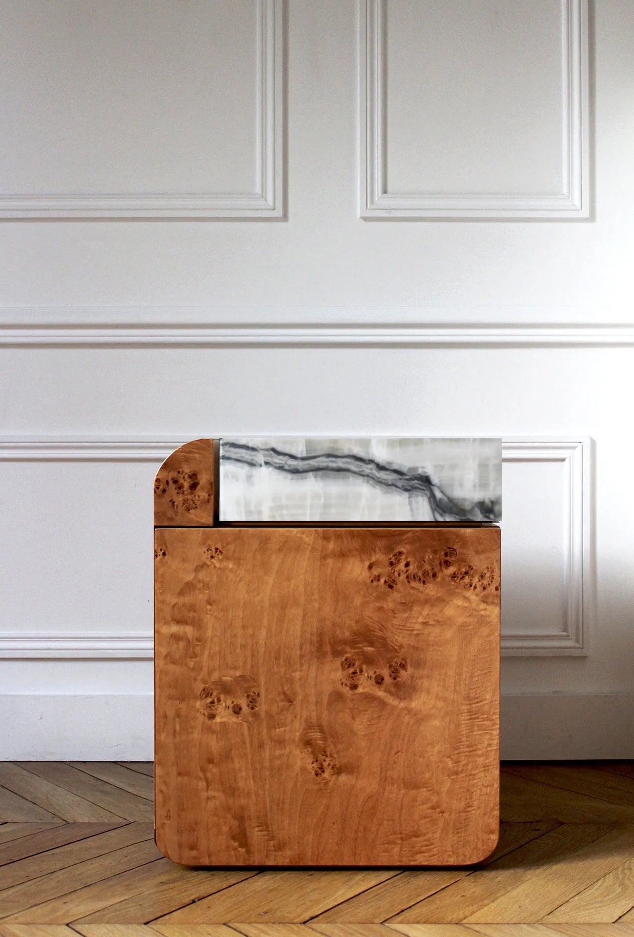 Burl wood table with Montaigne onyx marble base - Italian luxury handcrafted furniture MARBERA