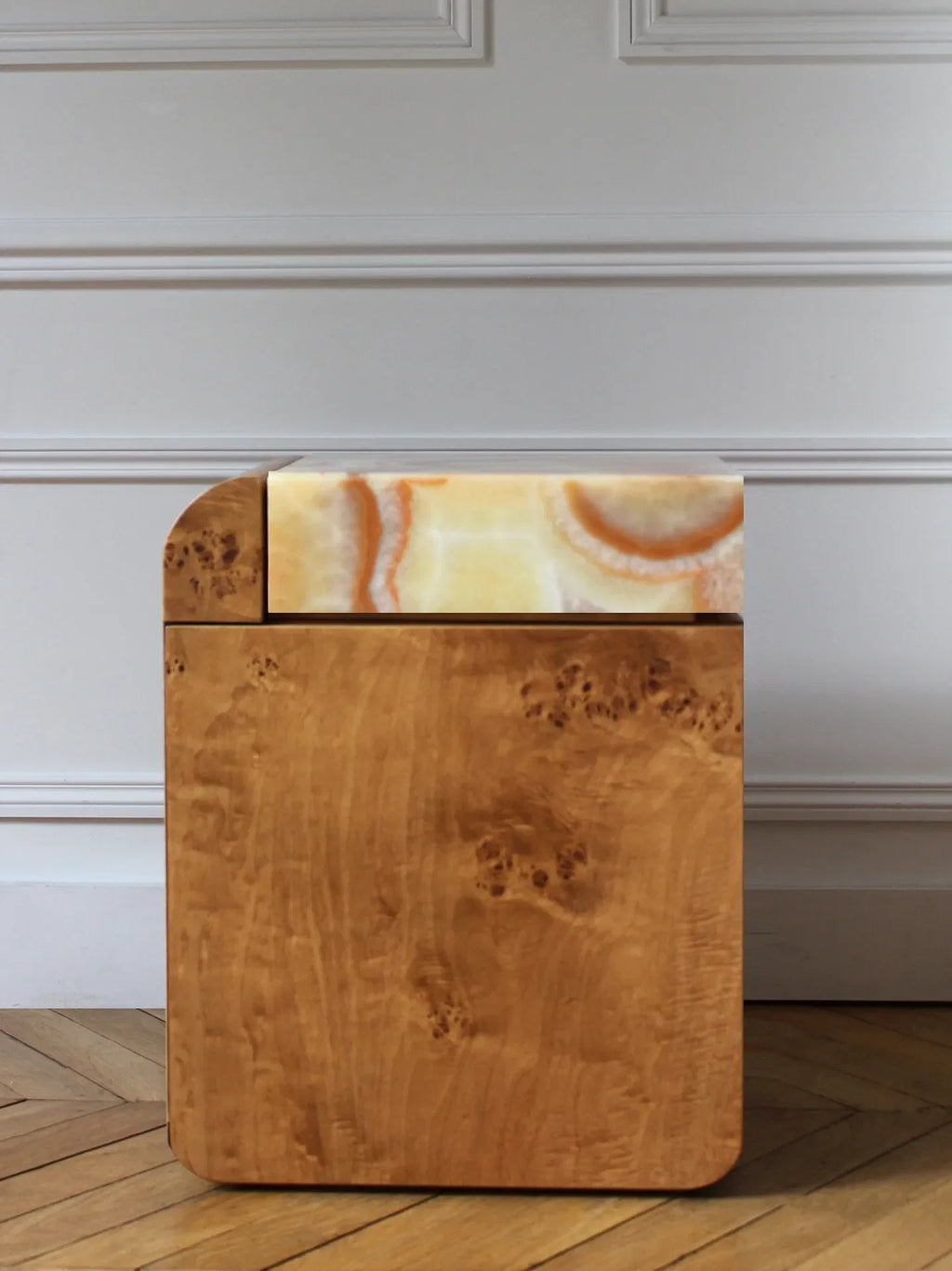 Burl wood storage table with Sixties marble pattern - Italian handcrafted luxury MARBERA design