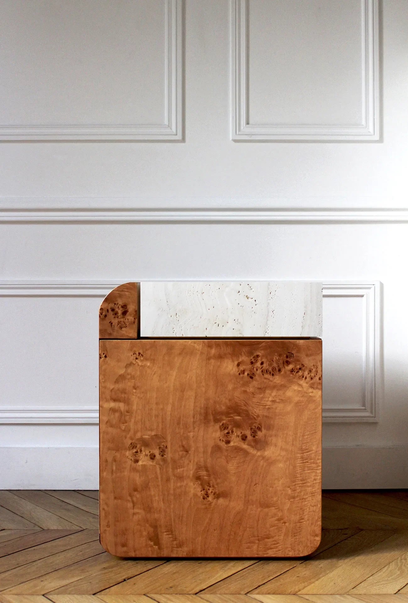 Amo burl wood storage table featuring travertine marble - luxury Italian contemporary furniture