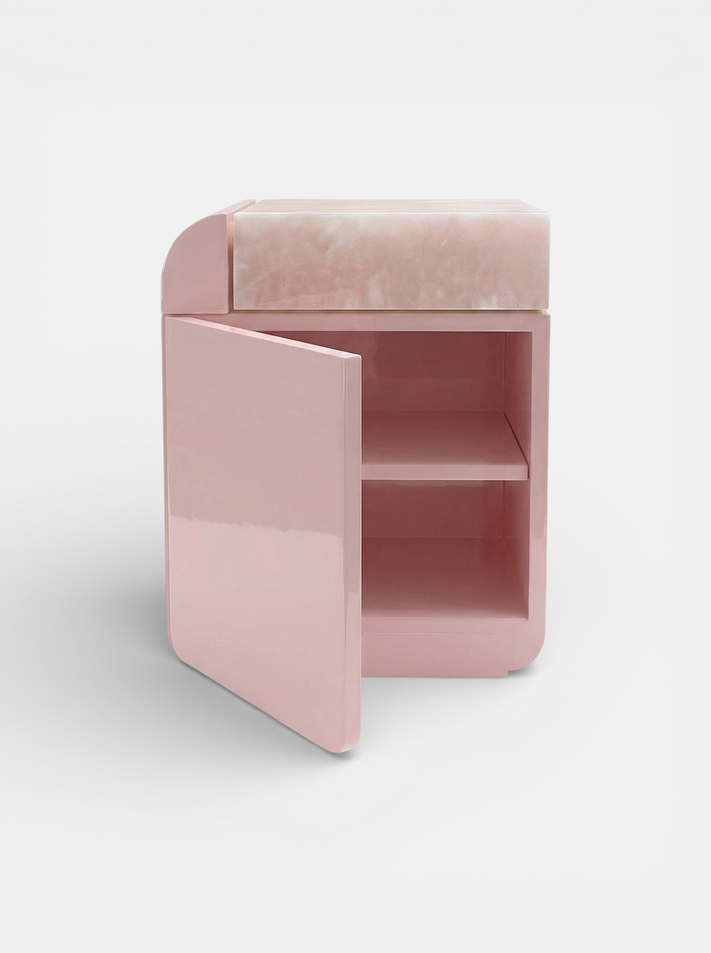 MARBERA Amo pink onyx marble storage table alternate angle, contemporary Italian design furniture