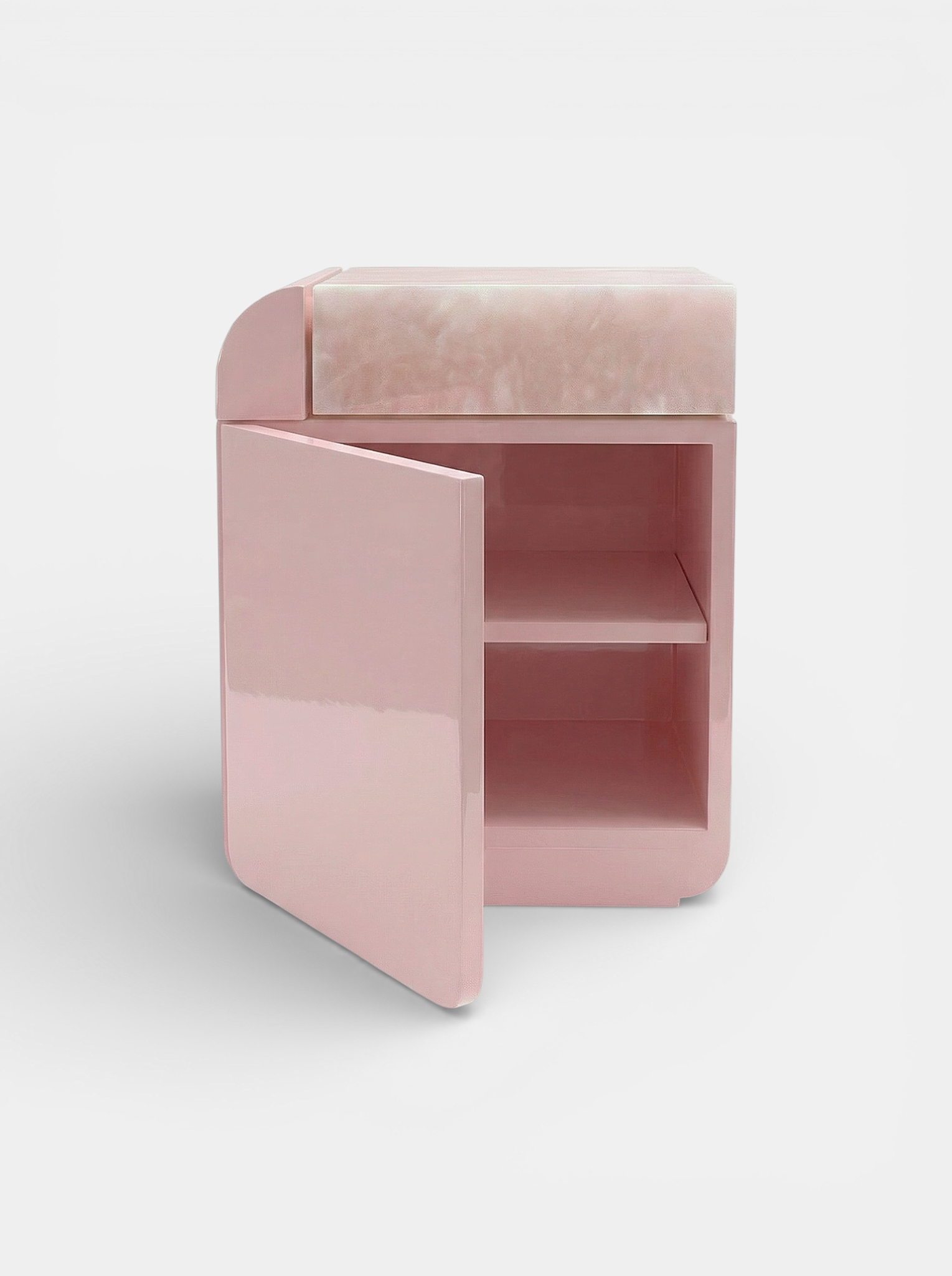 MARBERA Amo pink onyx marble storage table alternate angle, contemporary Italian design furniture