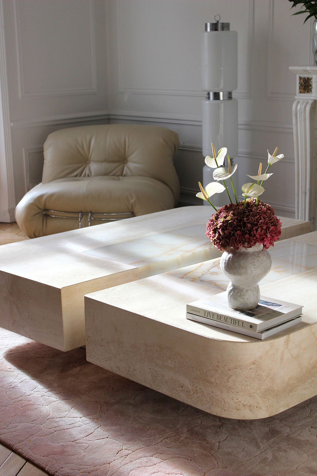 Baci coffee table lifestyle presentation - luxury marble furniture in contemporary room setting