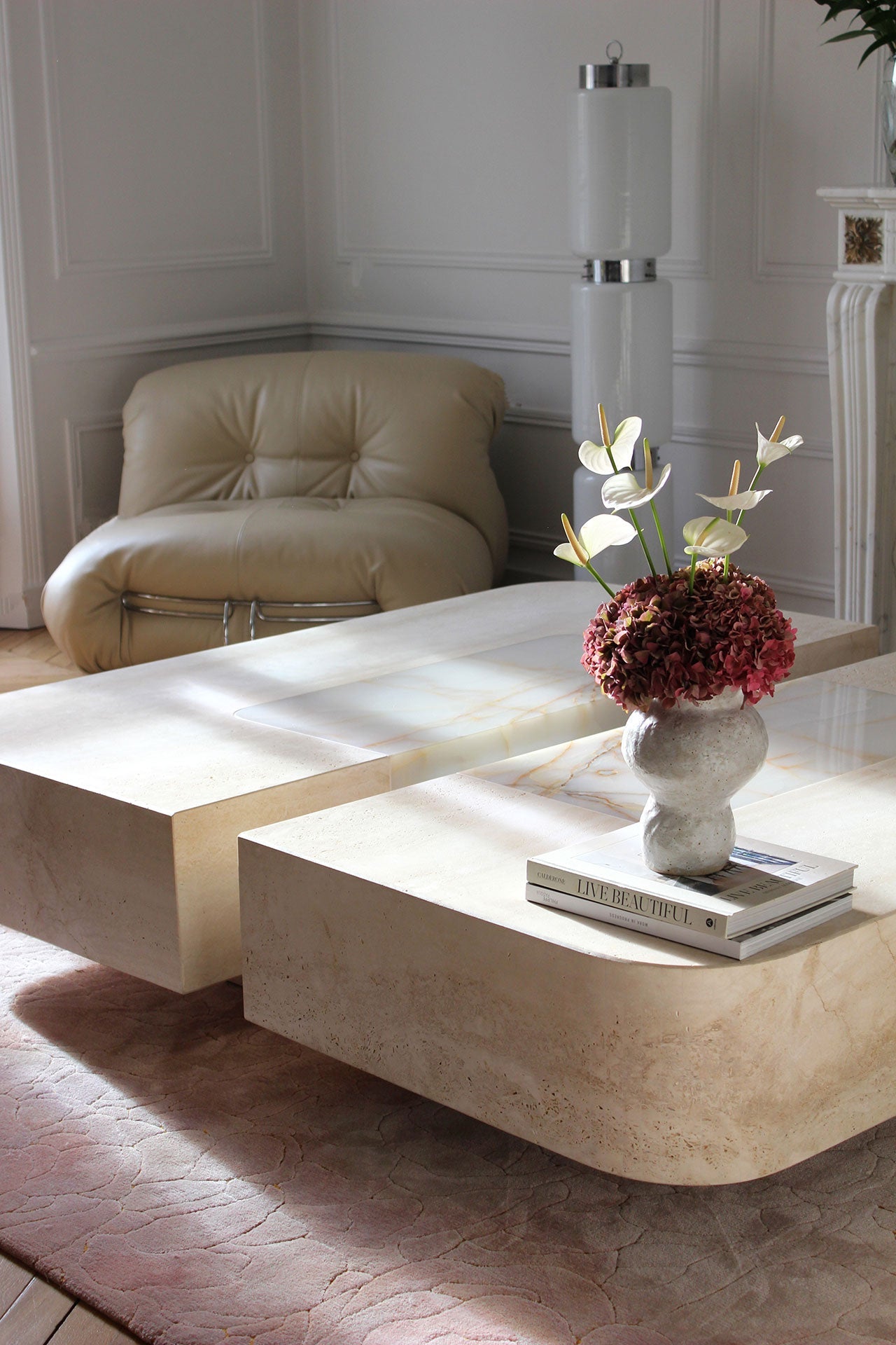 Baci coffee table lifestyle presentation - luxury marble furniture in contemporary room setting