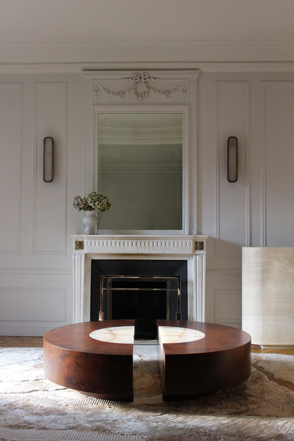 Luxury burl wood Baci round table - Italian design showcasing natural wood patterns and marble