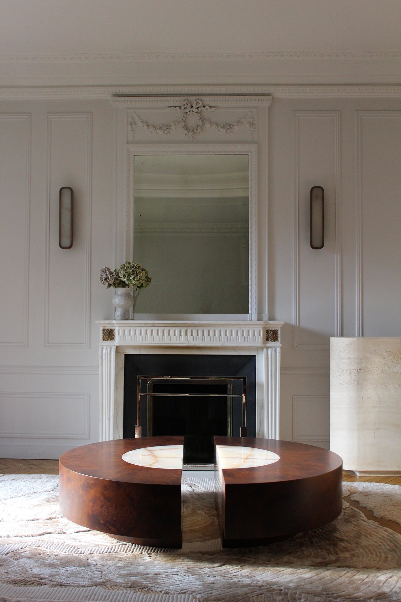 Luxury burl wood Baci round table - Italian design showcasing natural wood patterns and marble