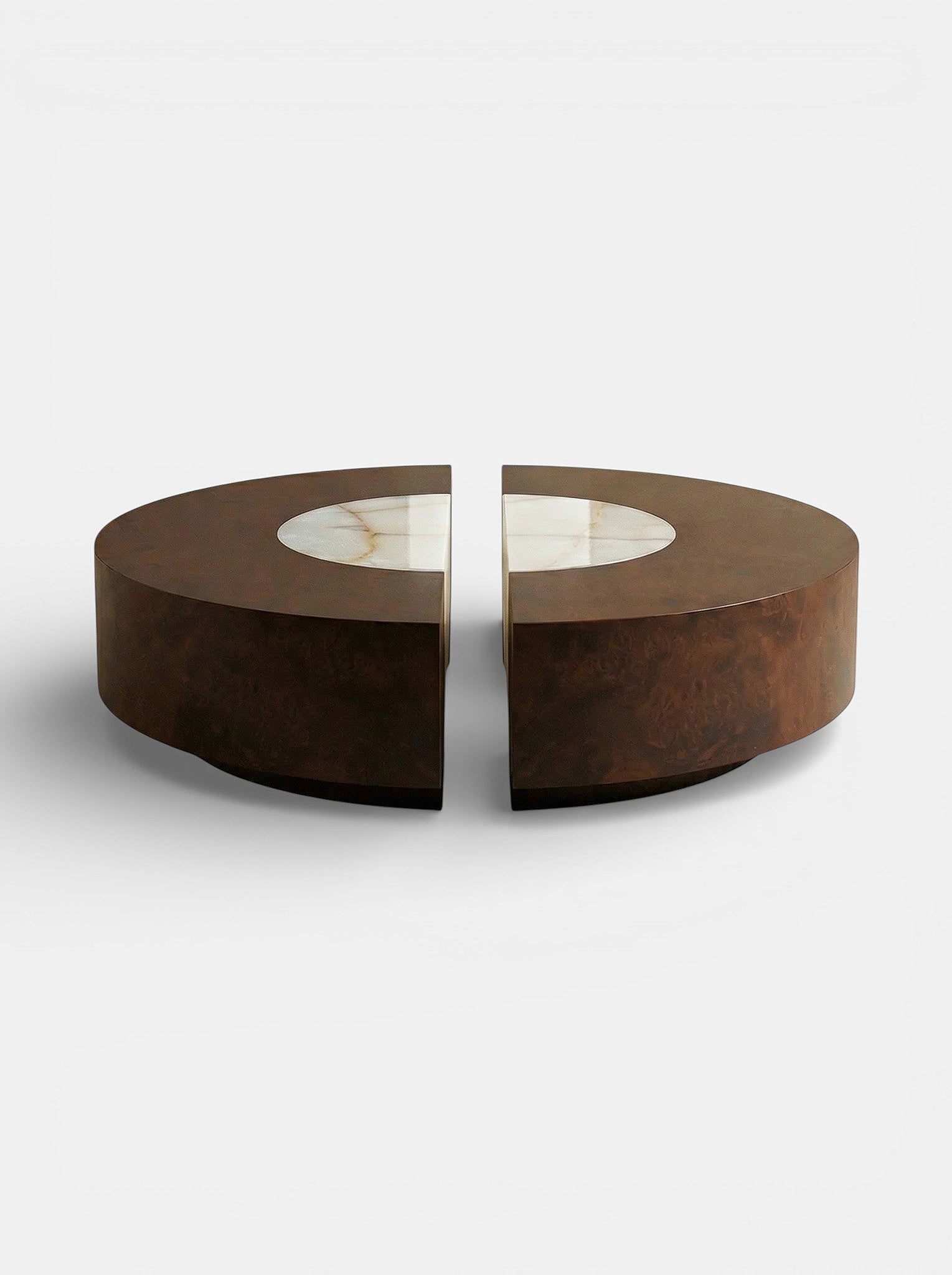 Round burl wood and shell onyx Baci table - luxury Italian furniture combining wood and marble