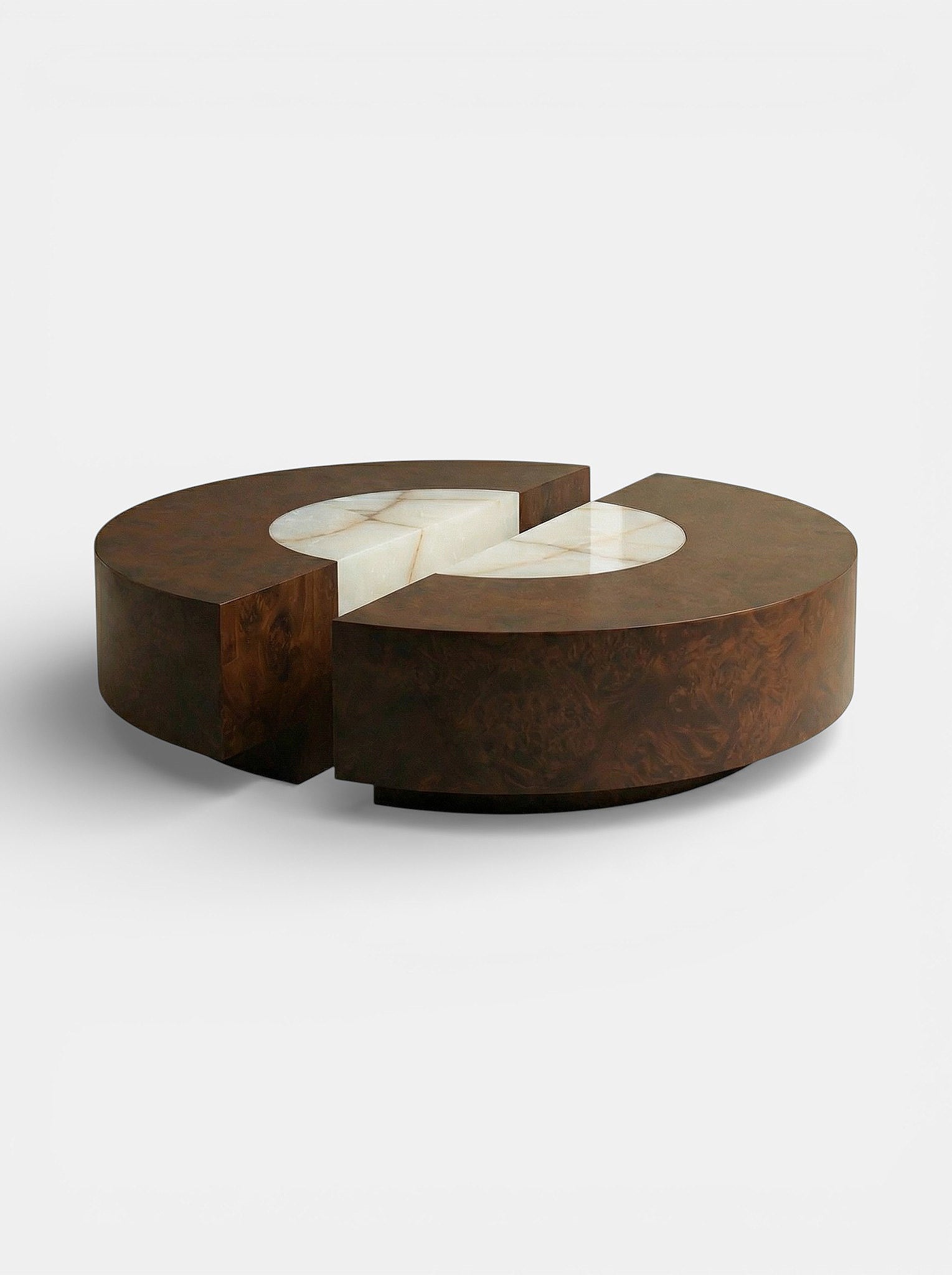 Italian round Baci table alternate angle - burl wood and shell onyx premium furniture design