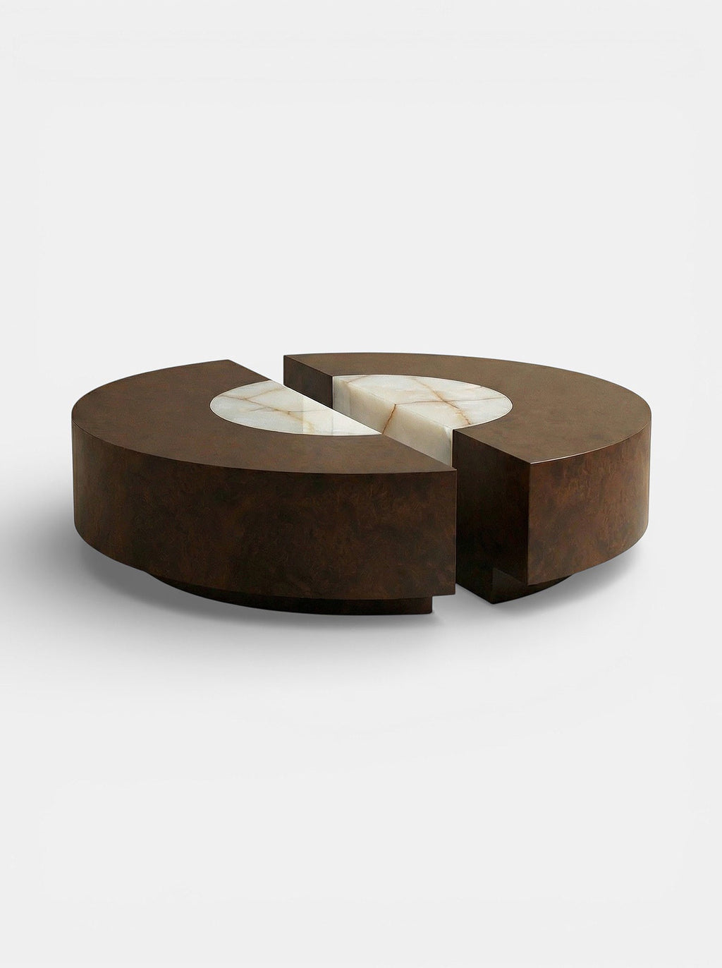 Burl wood and shell onyx round table side view - Italian luxury furniture with natural materials