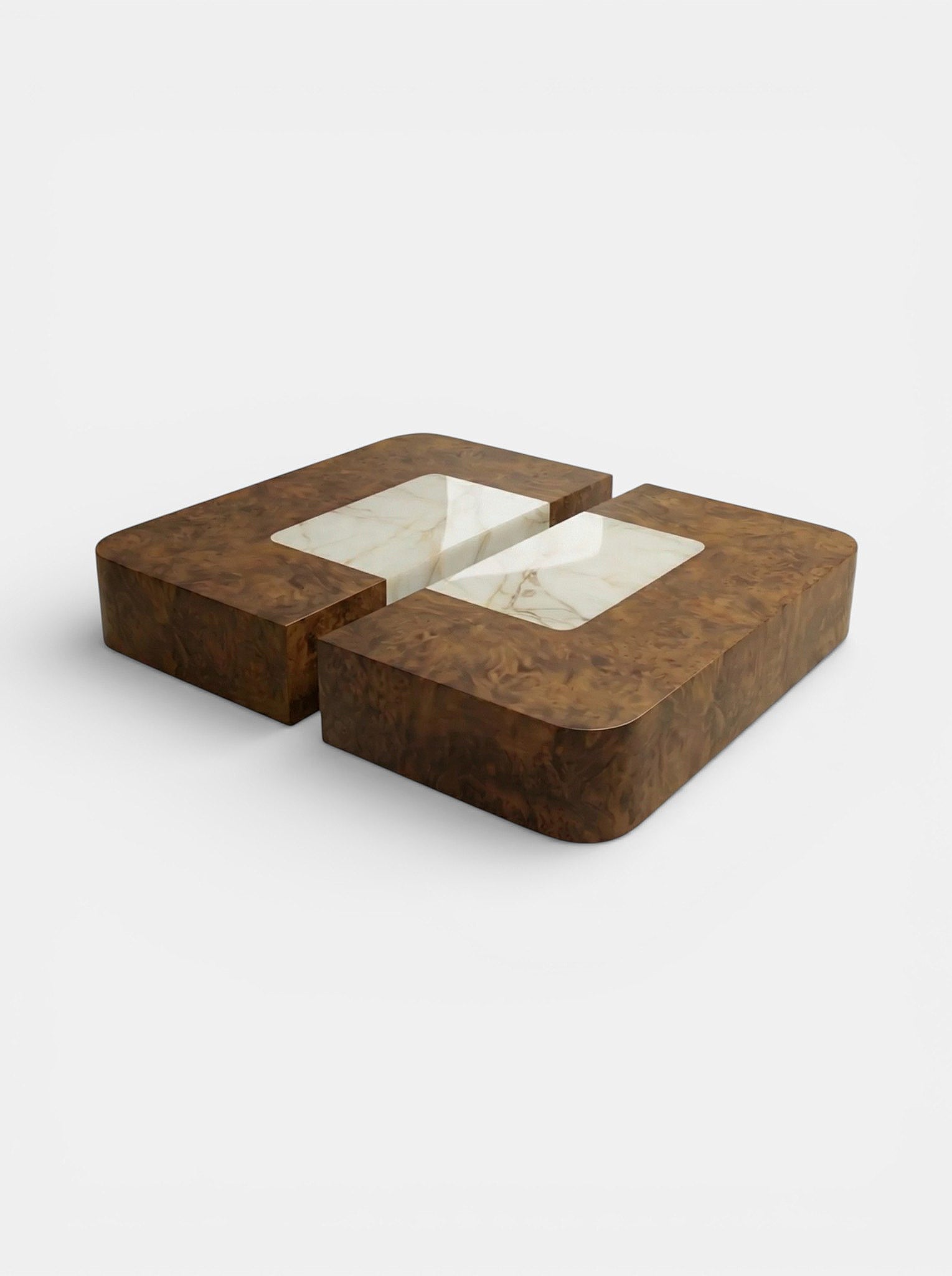 Contemporary Baci table featuring Burl Wood and Shell Onyx - handcrafted Italian mixed-material design