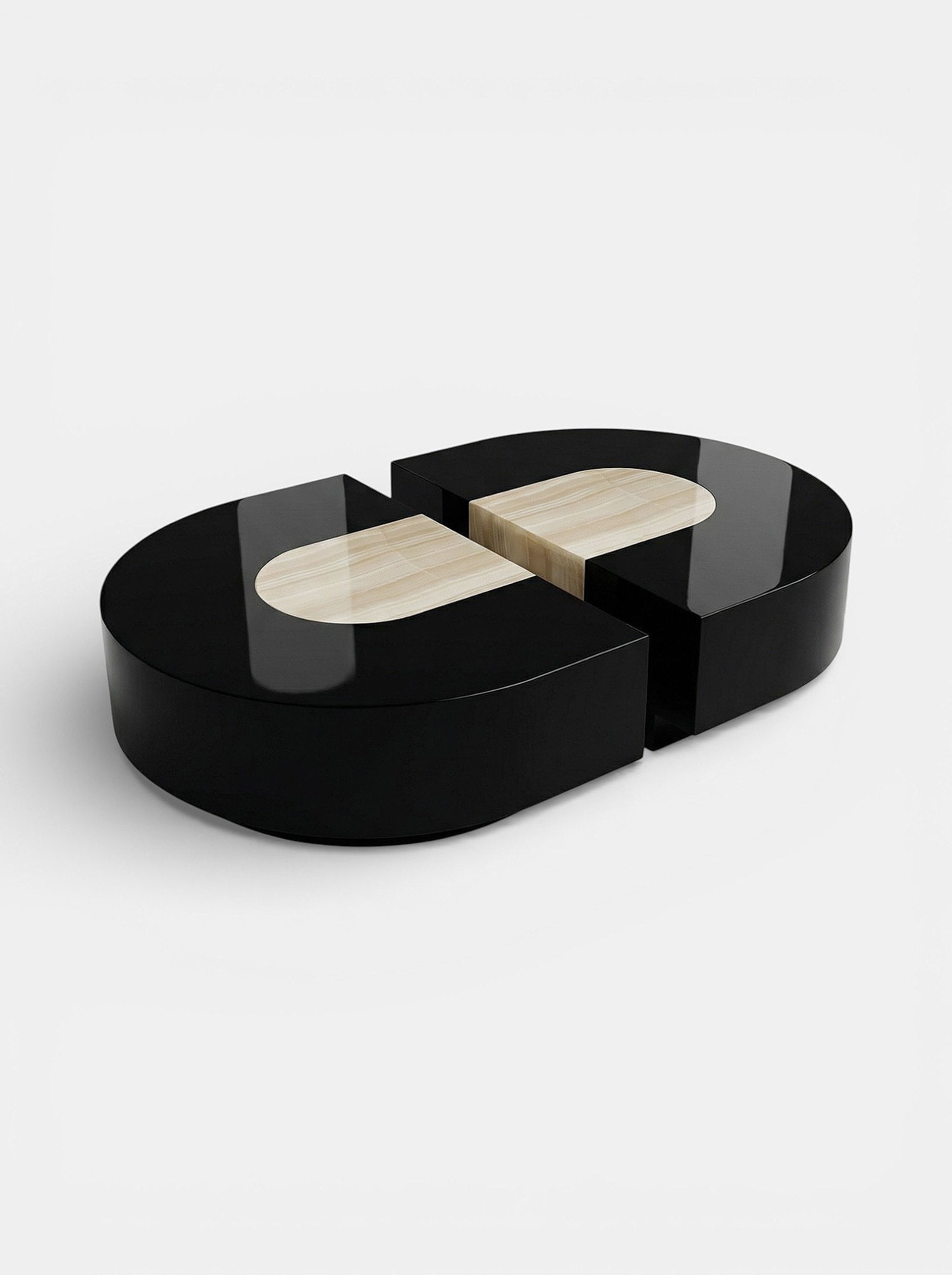 Luxury Baci Capsule table featuring Black and Ivory Onyx - Italian artisan marble furniture design