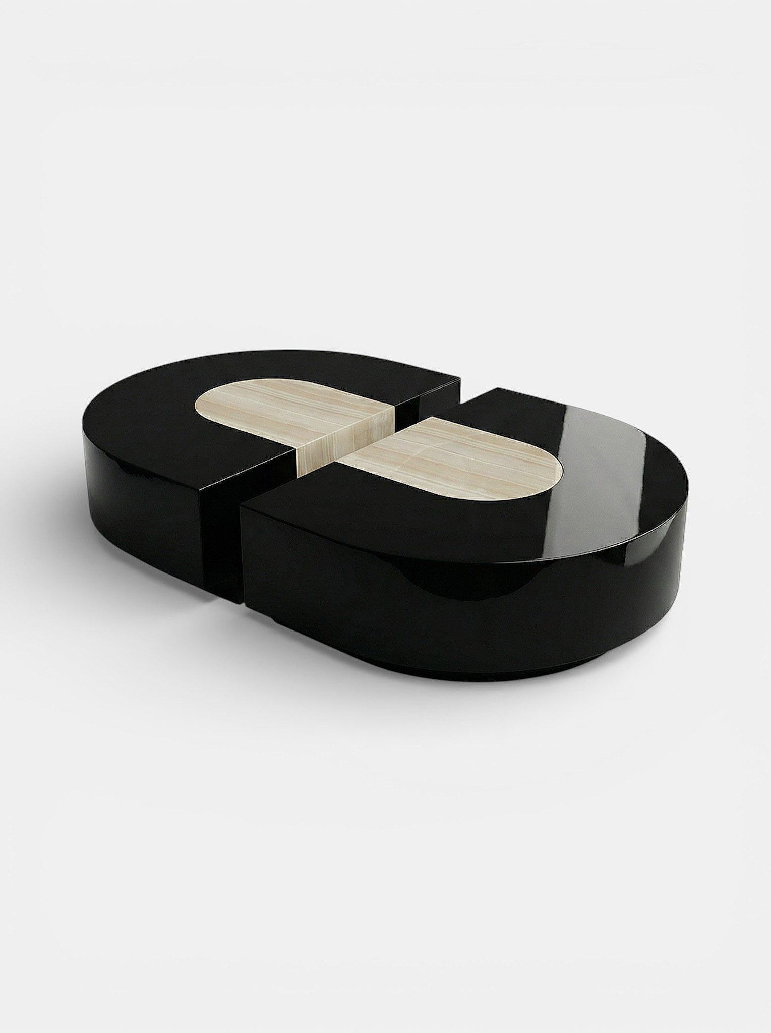Contemporary Baci Capsule Black and Ivory Onyx table - handcrafted Italian marble furniture detail