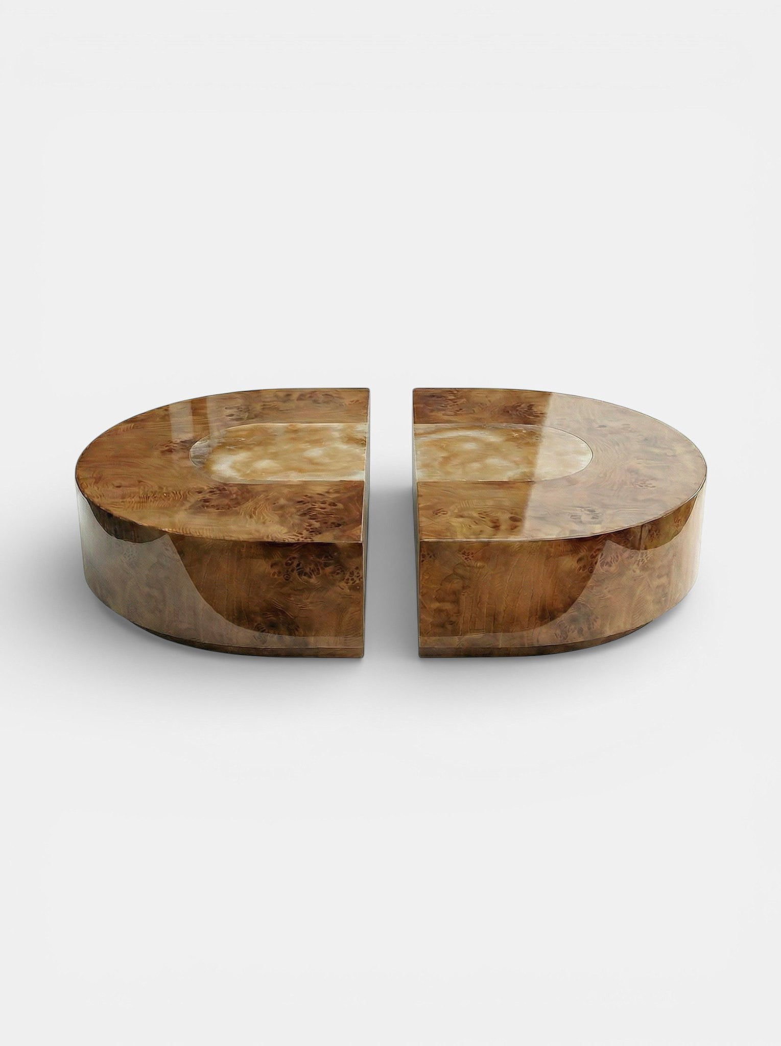 Luxury Baci Capsule table featuring Burl Wood and Honey Onyx - Italian artisan furniture craftsmanship