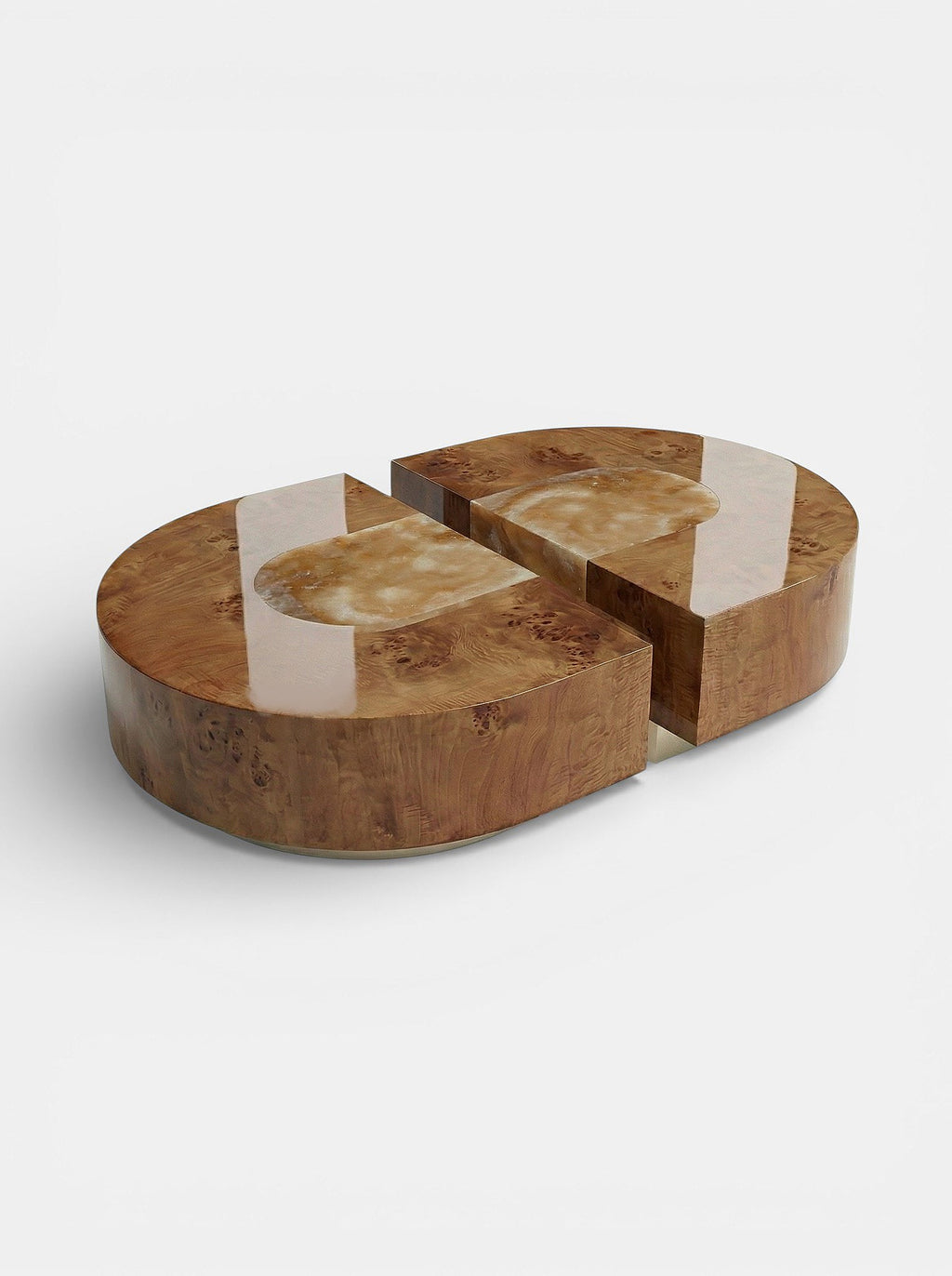 Contemporary Baci Capsule Burl Wood and Honey Onyx table - handcrafted Italian mixed-material design