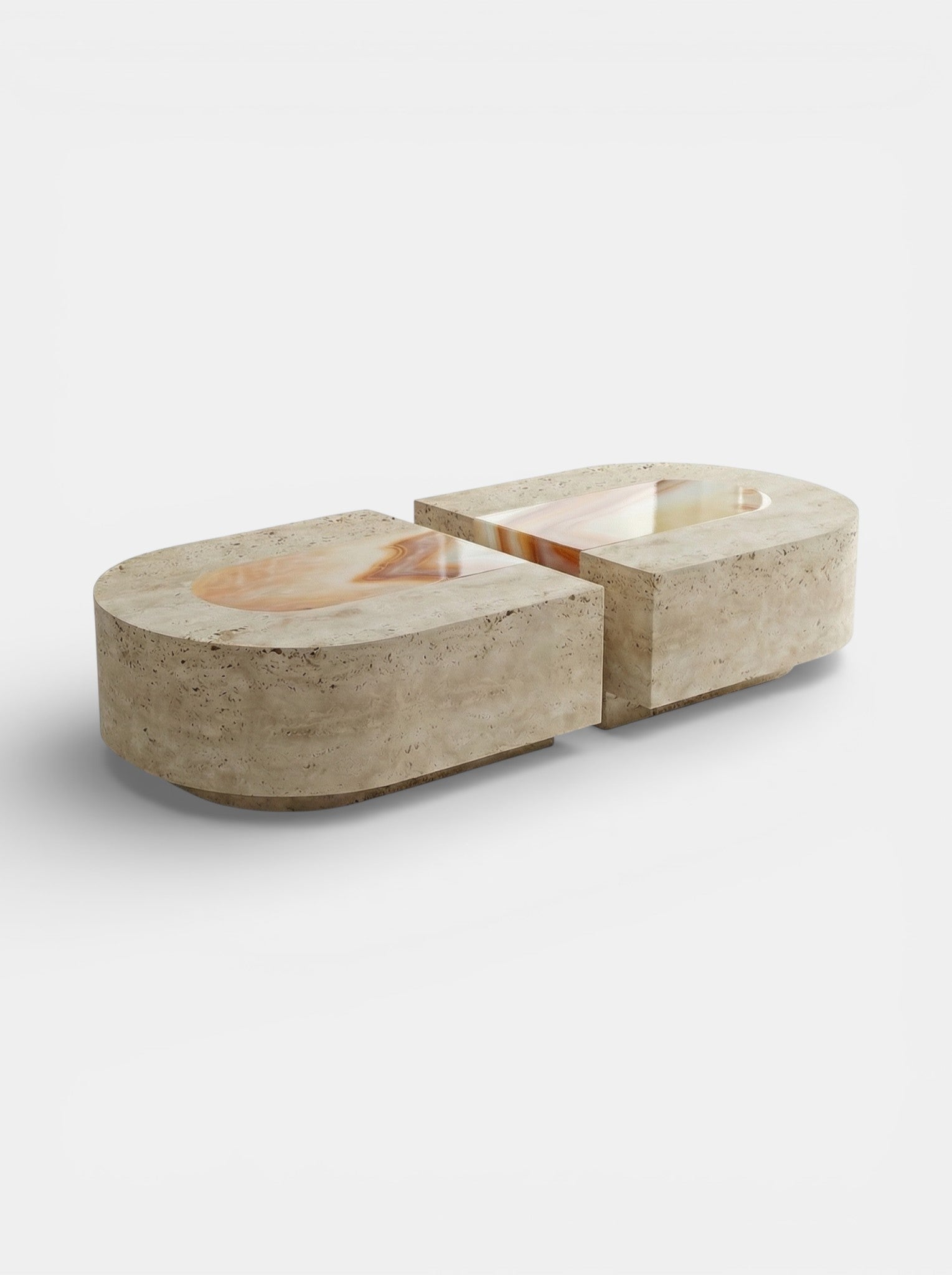 Luxury capsule coffee table combining travertine and sixties onyx marble - side perspective view