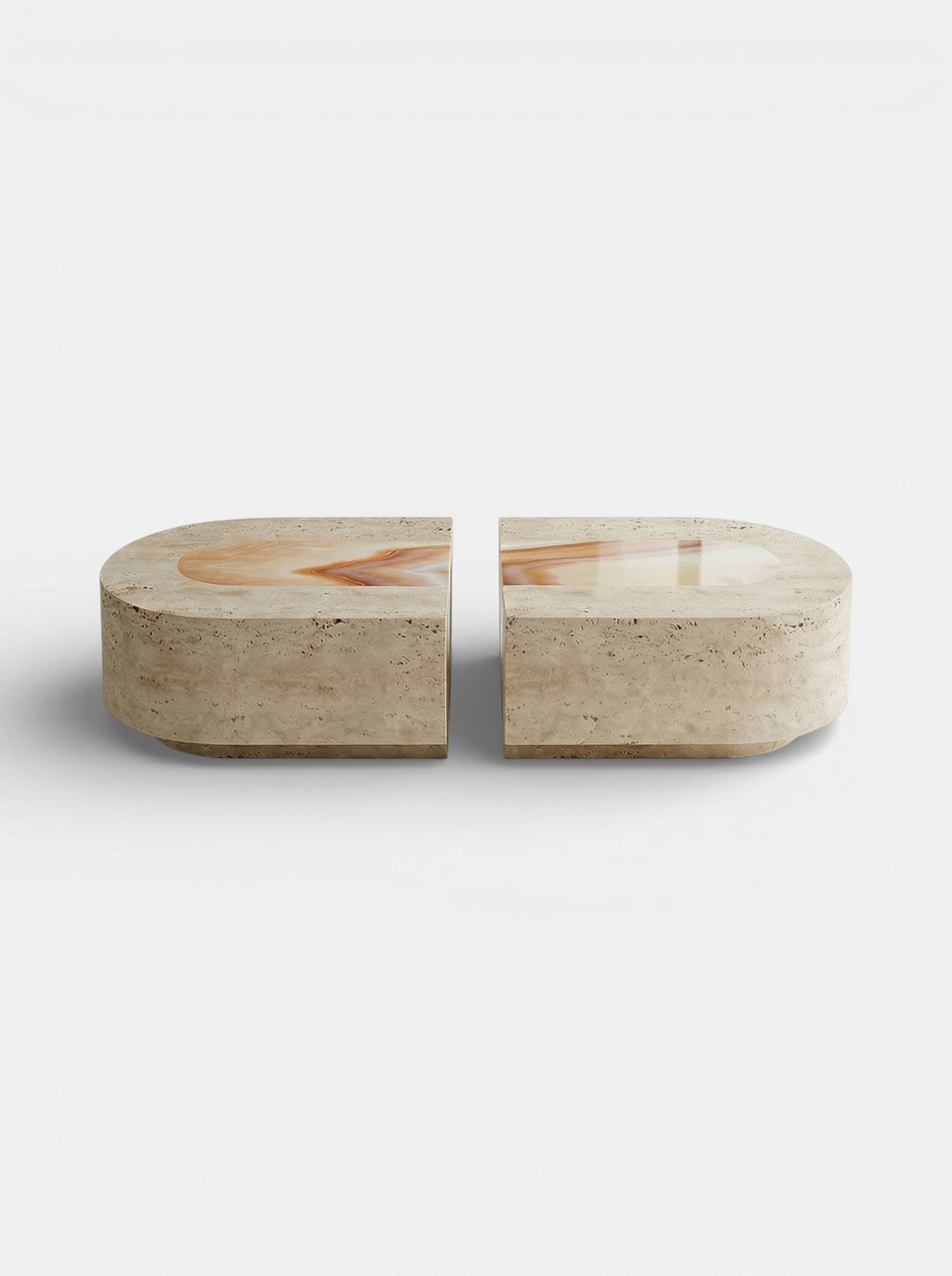Italian travertine and sixties onyx Baci capsule coffee table - front view with dual stone design