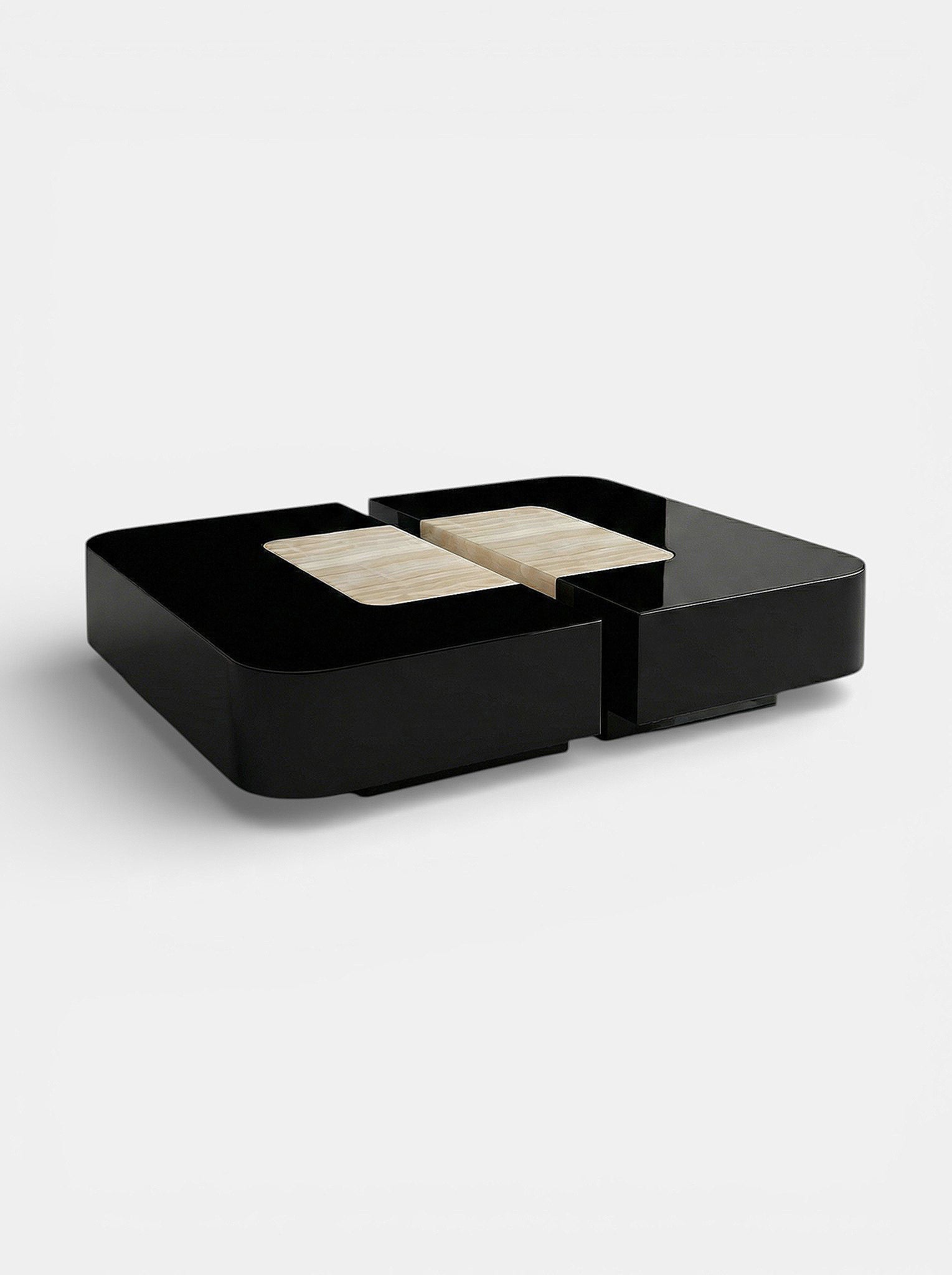Black and ivory onyx Baci table right three-quarter view - premium Italian marble construction